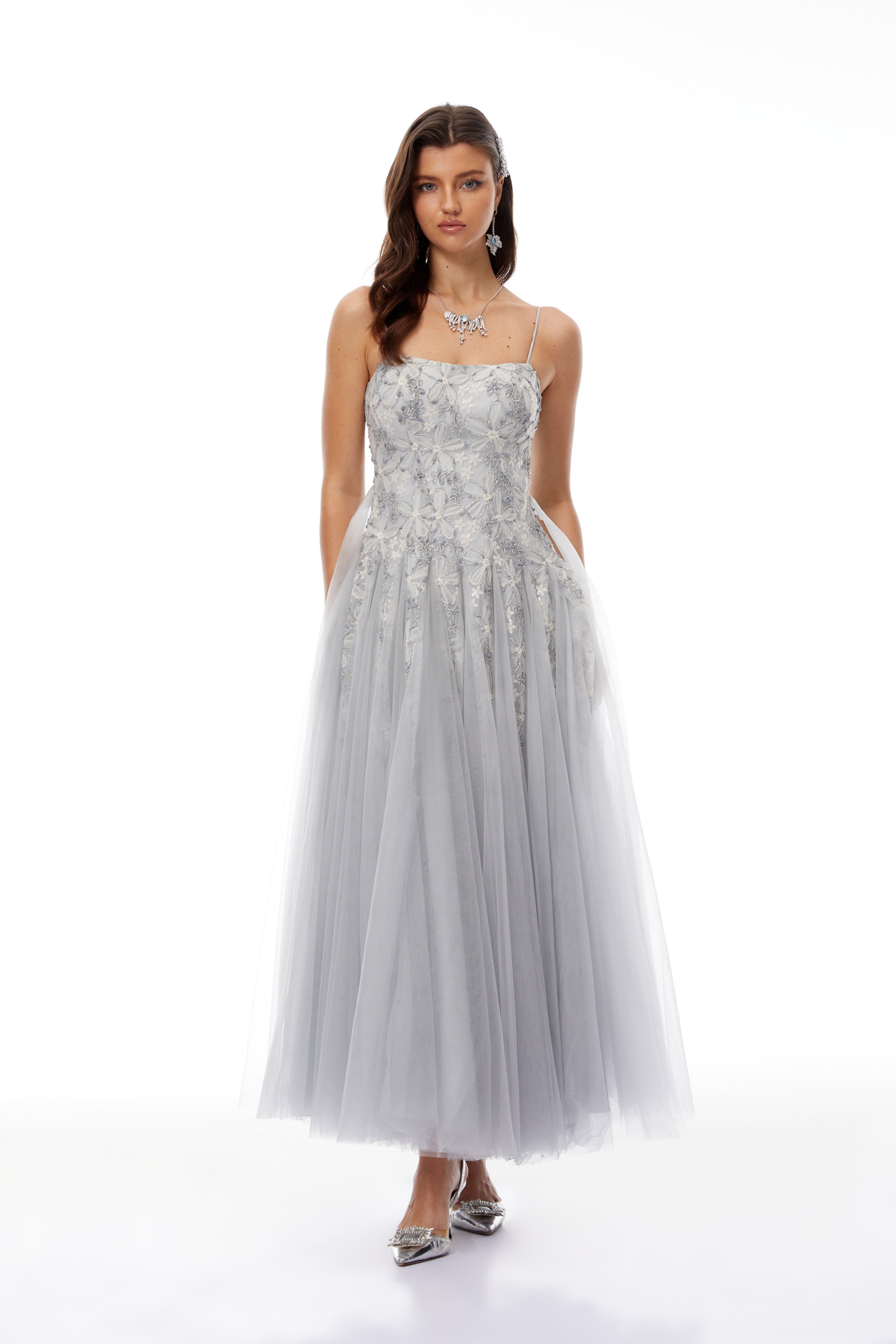 Adalynn Grey Floral Embroidered Tulle Maxi Dress