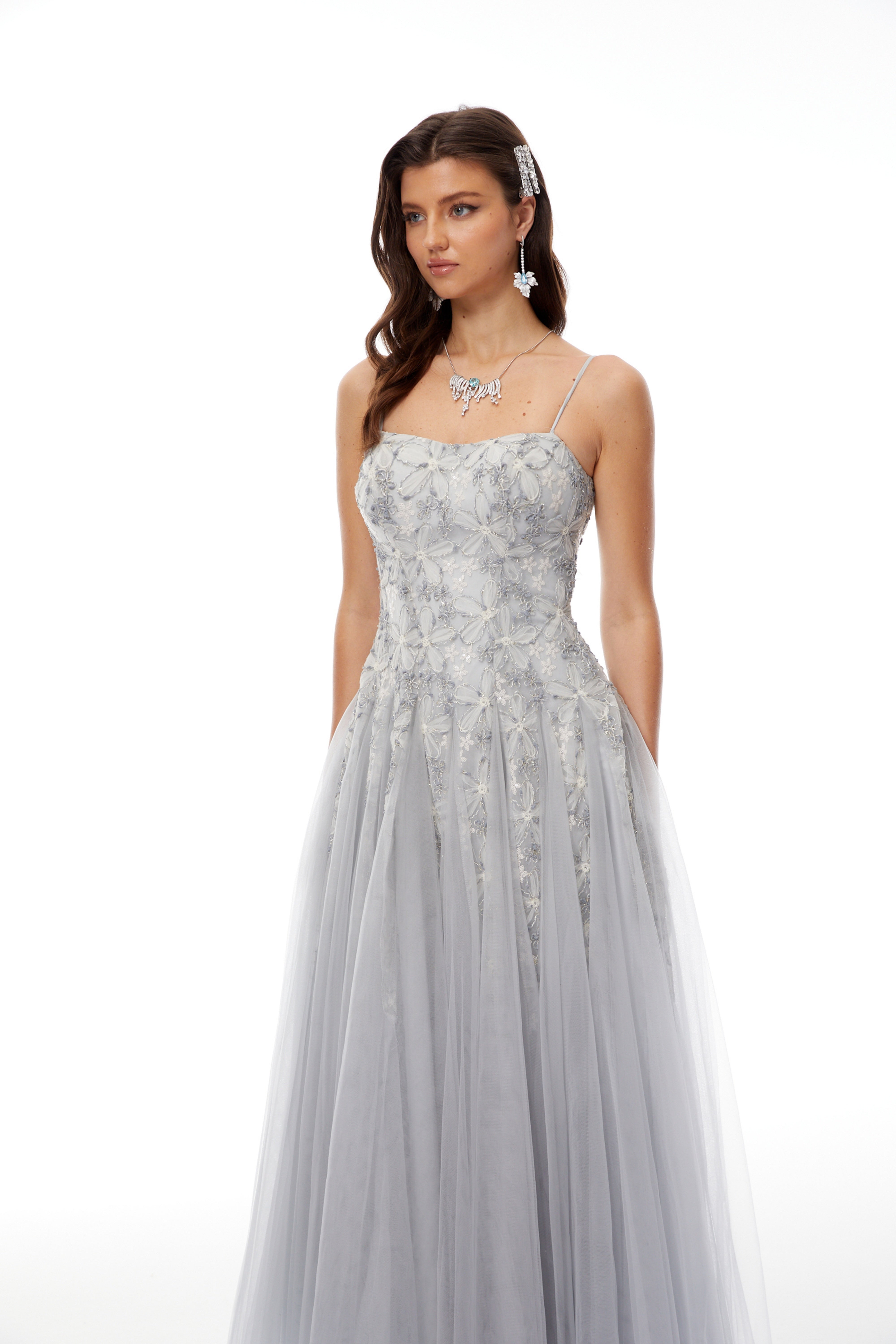 Adalynn Grey Floral Embroidered Tulle Maxi Dress