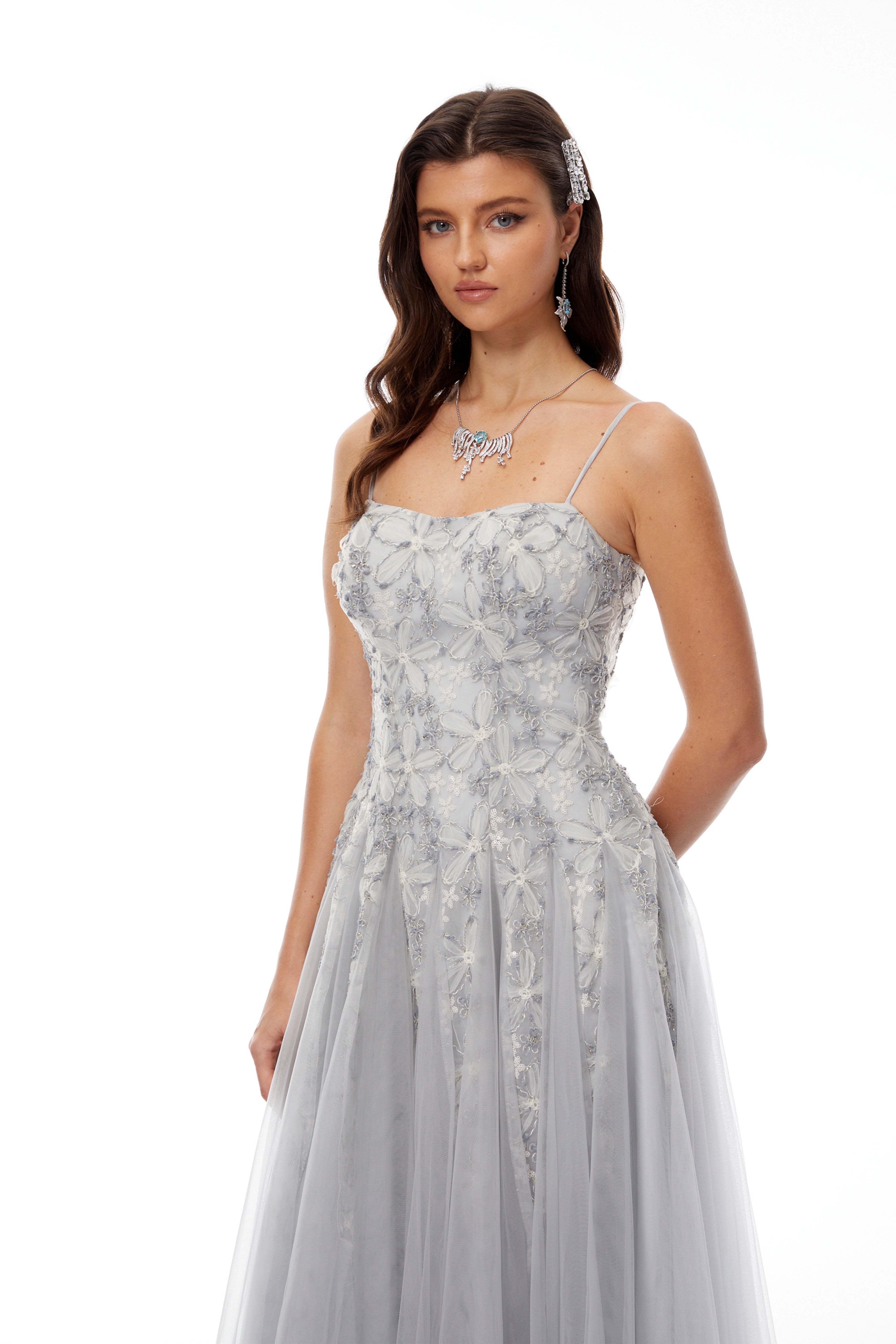 Adalynn Grey Floral Embroidered Tulle Maxi Dress