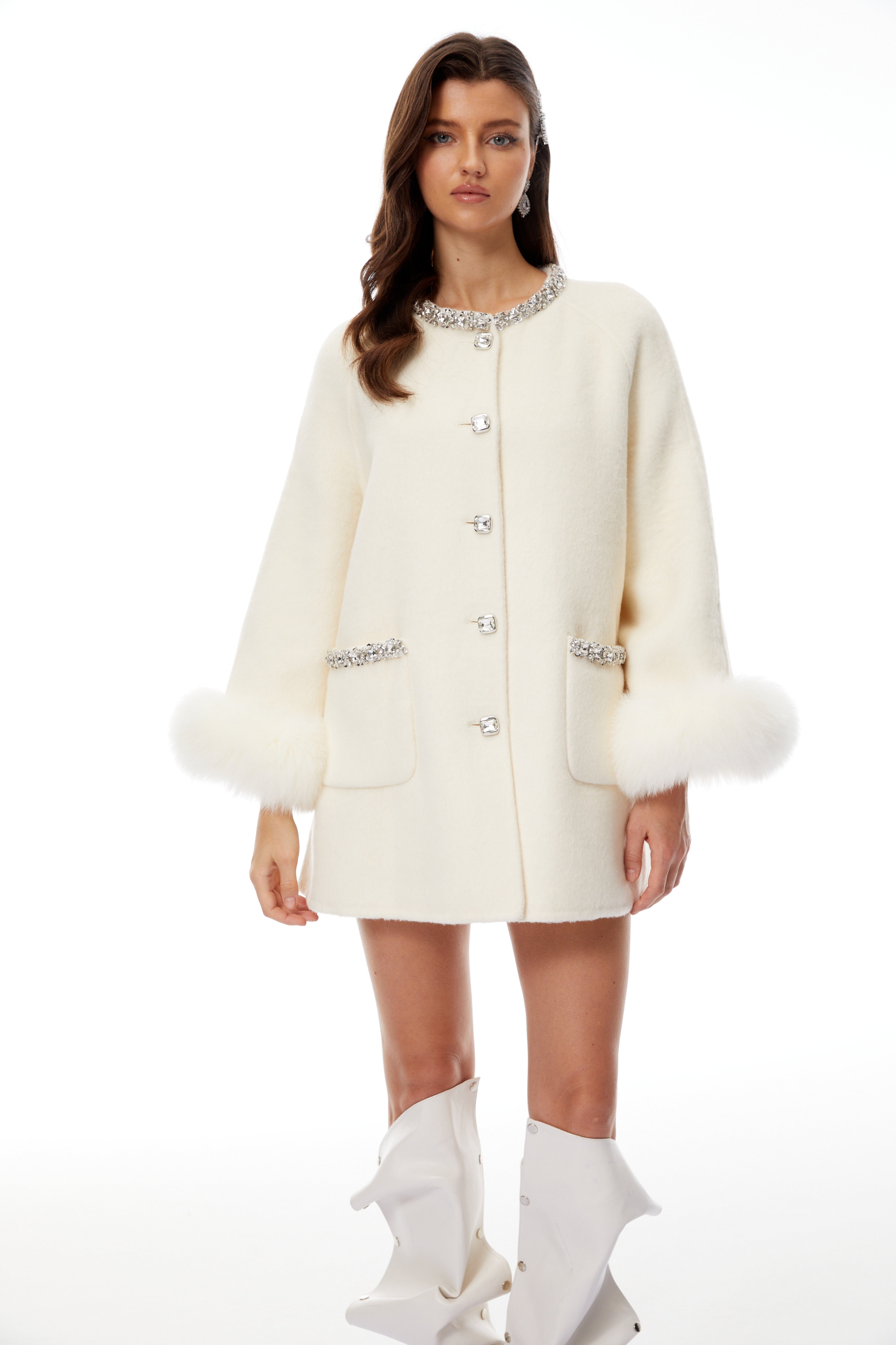 Emersyn White Fur Trim Embellished Wool Coat