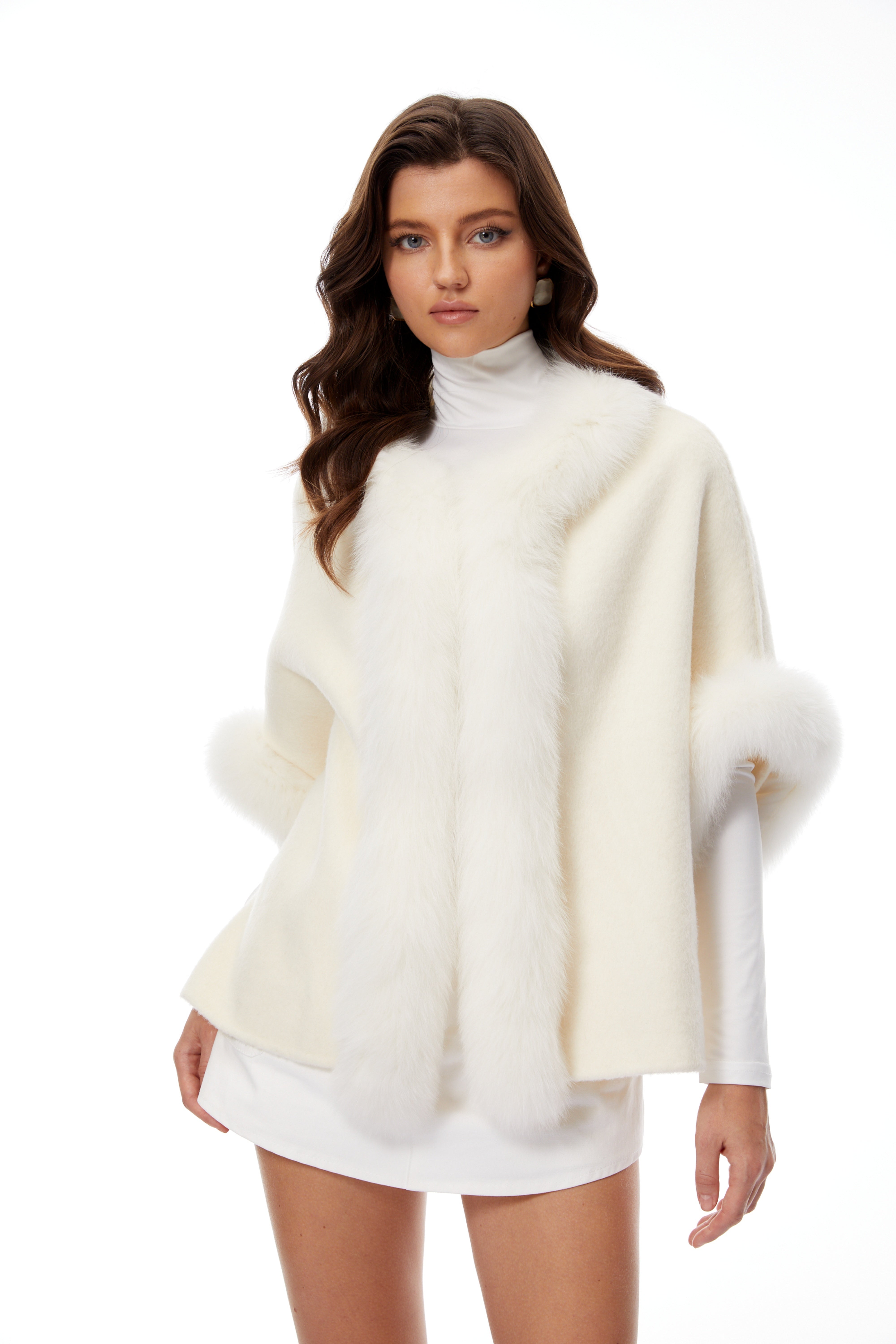 Everleigh White Fur Panel Wool Cape Coat