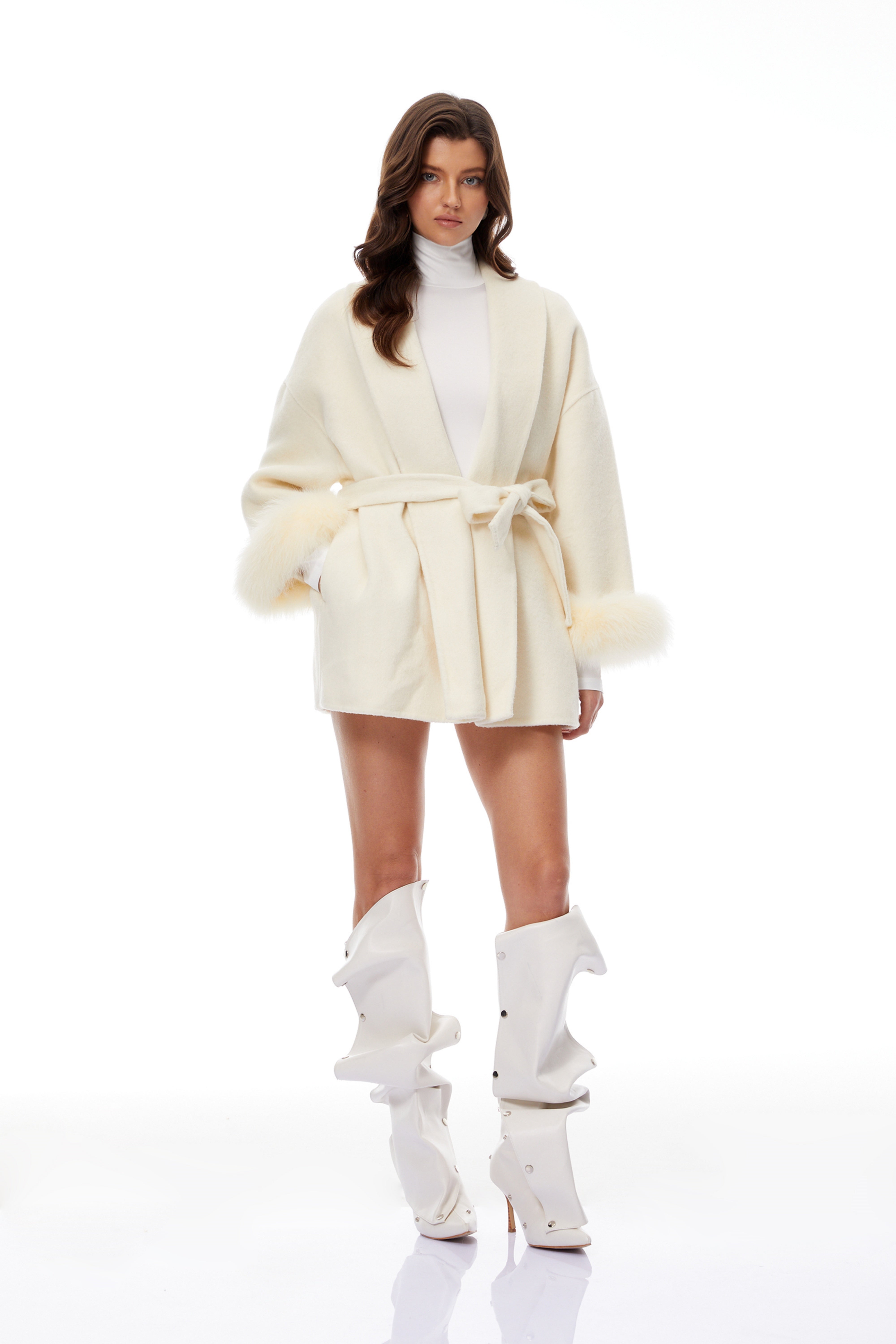 Anine Cream Fur Trim Belted Wool Coat