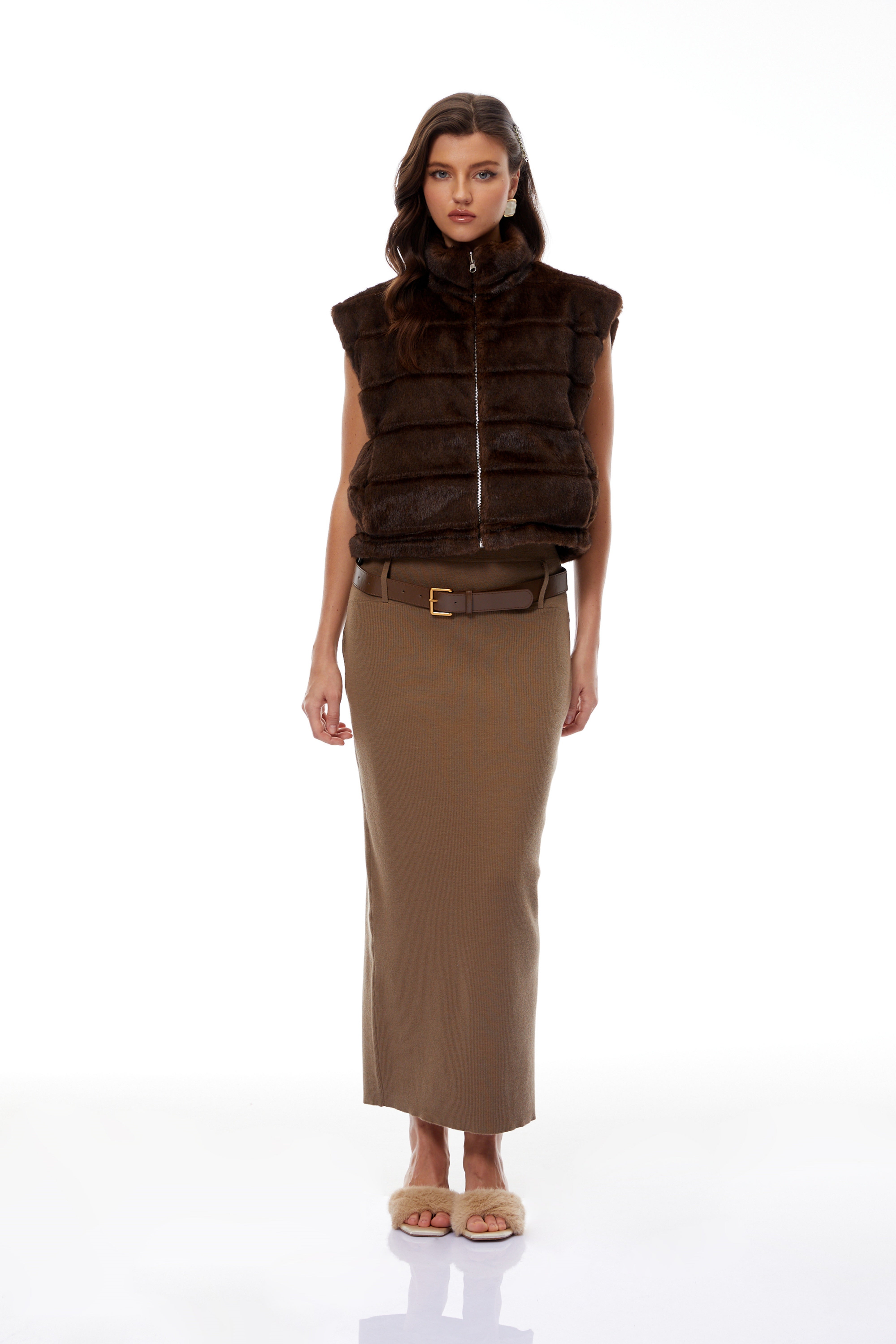 Lizica Brown Faux Fur Padded Gilet