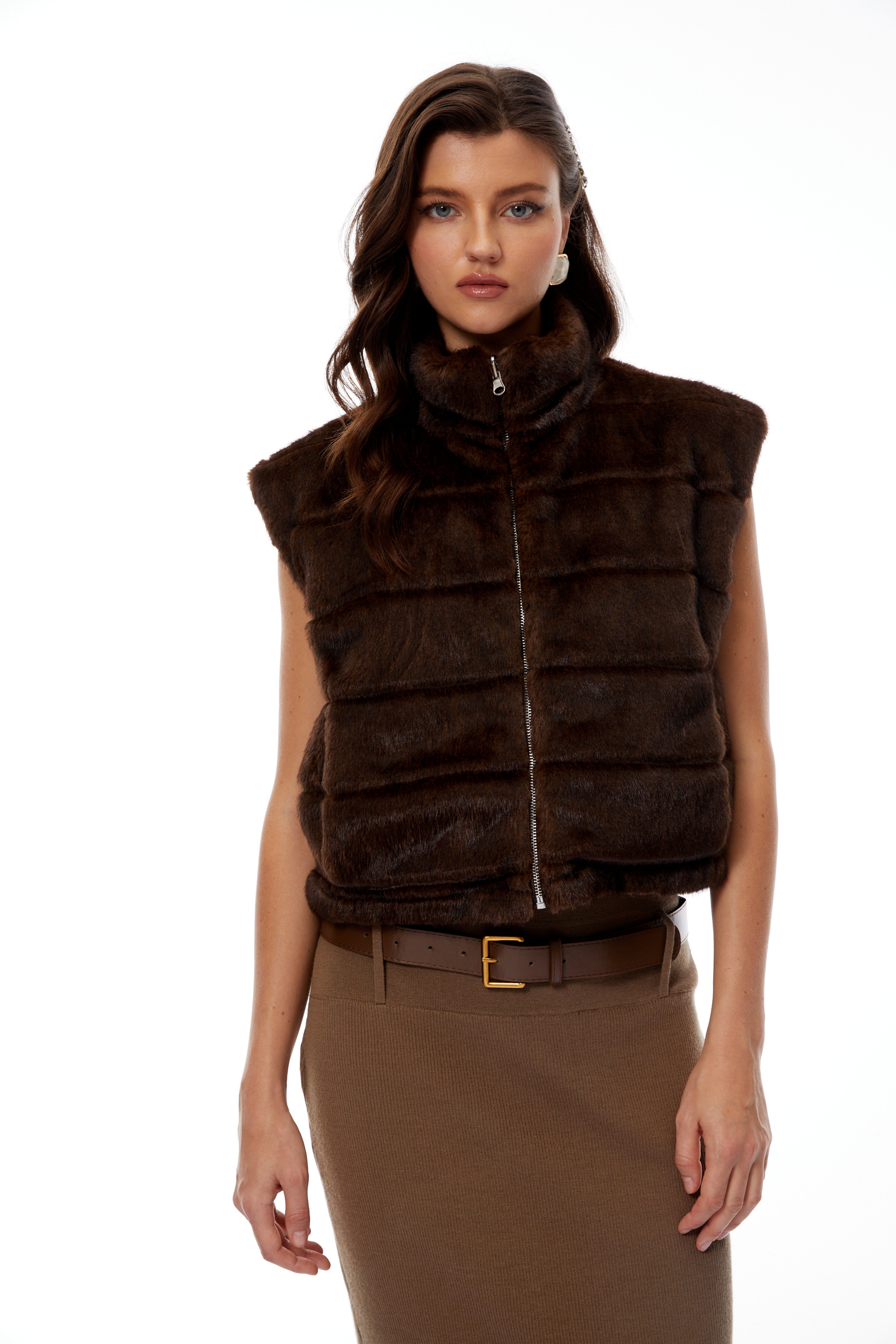 Lizica Brown Faux Fur Padded Gilet
