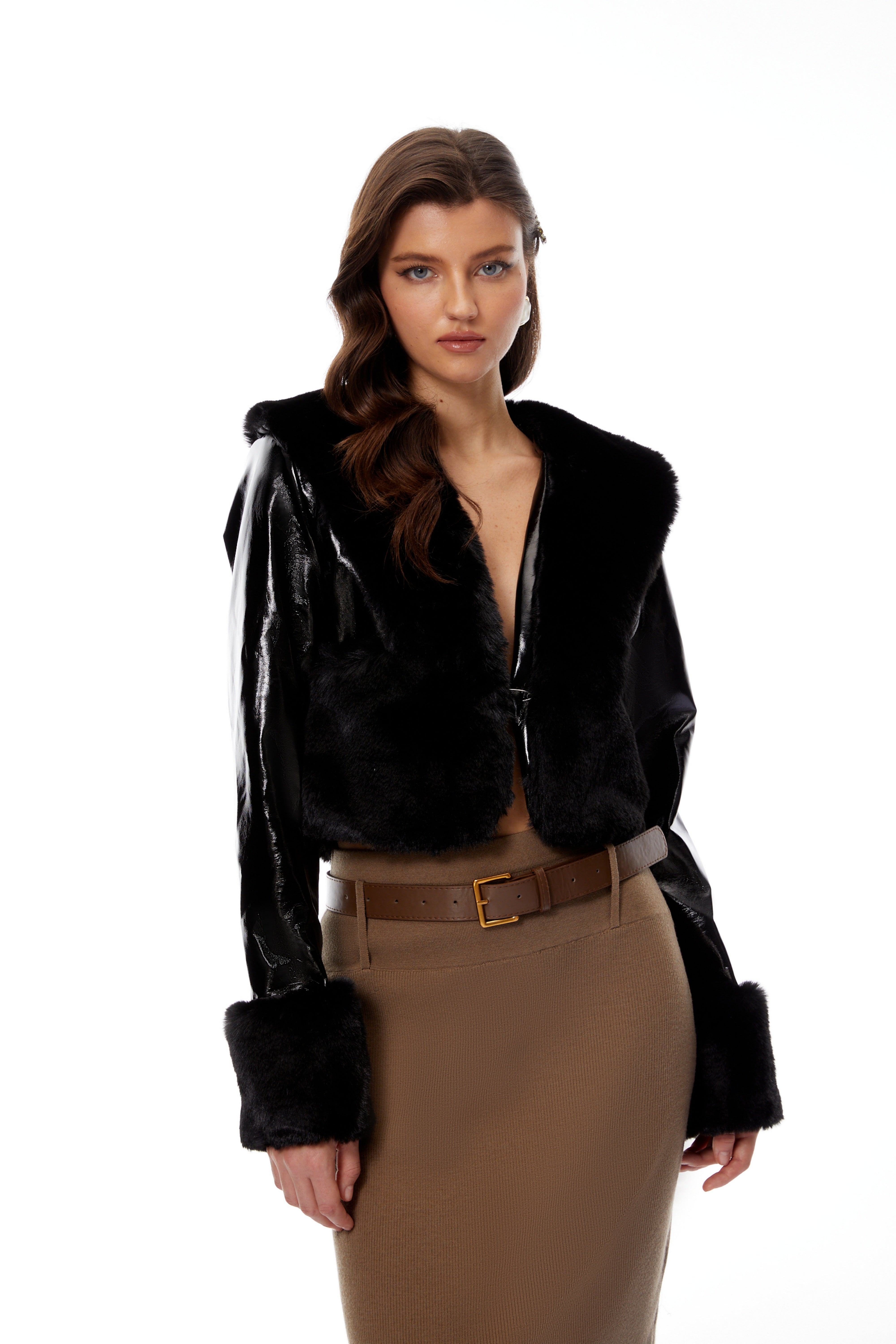 Catherine Black Fur Panel Patent Leather Jacket