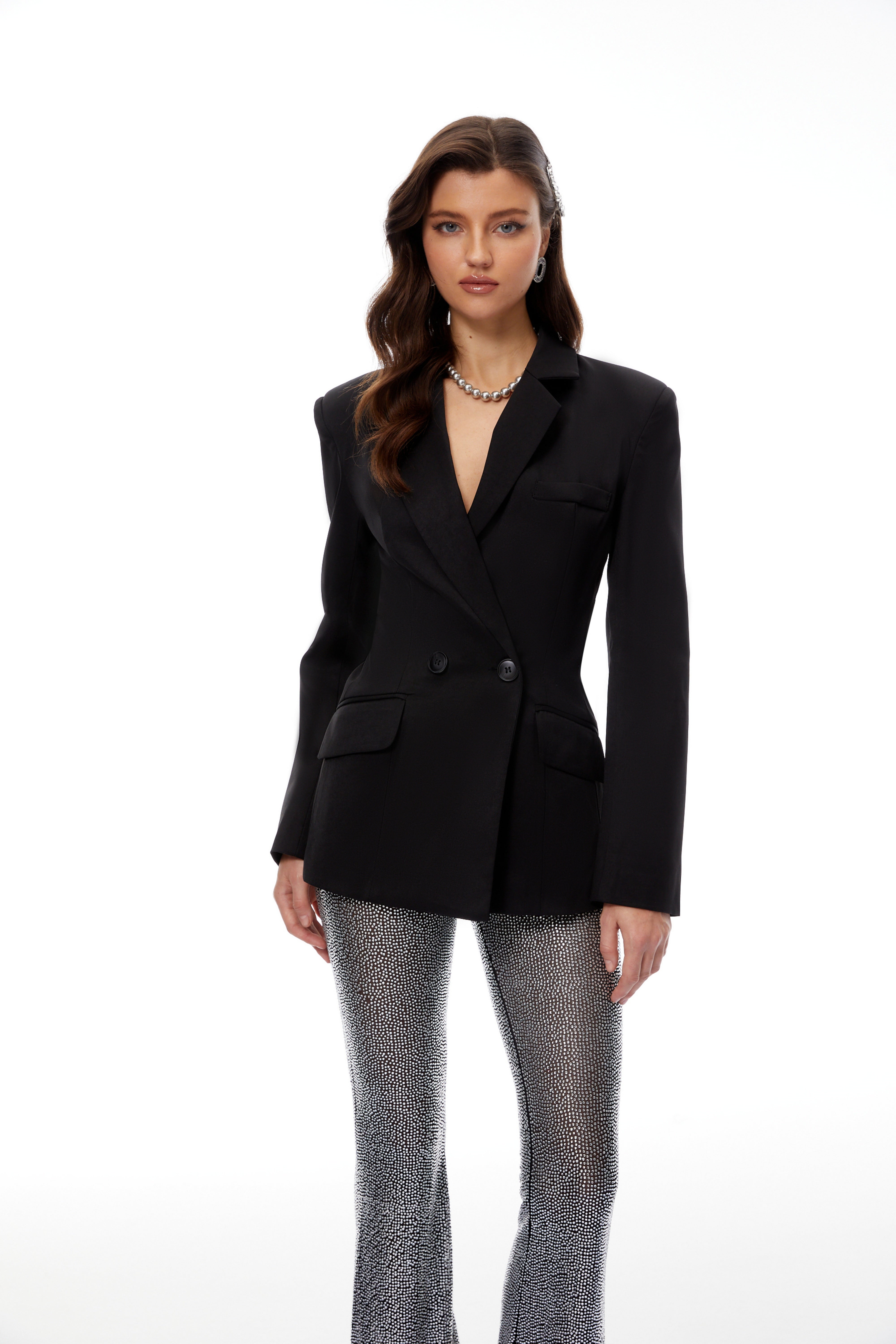 Edda Black Double-Breasted Blazer & Rhinestone Trousers Set