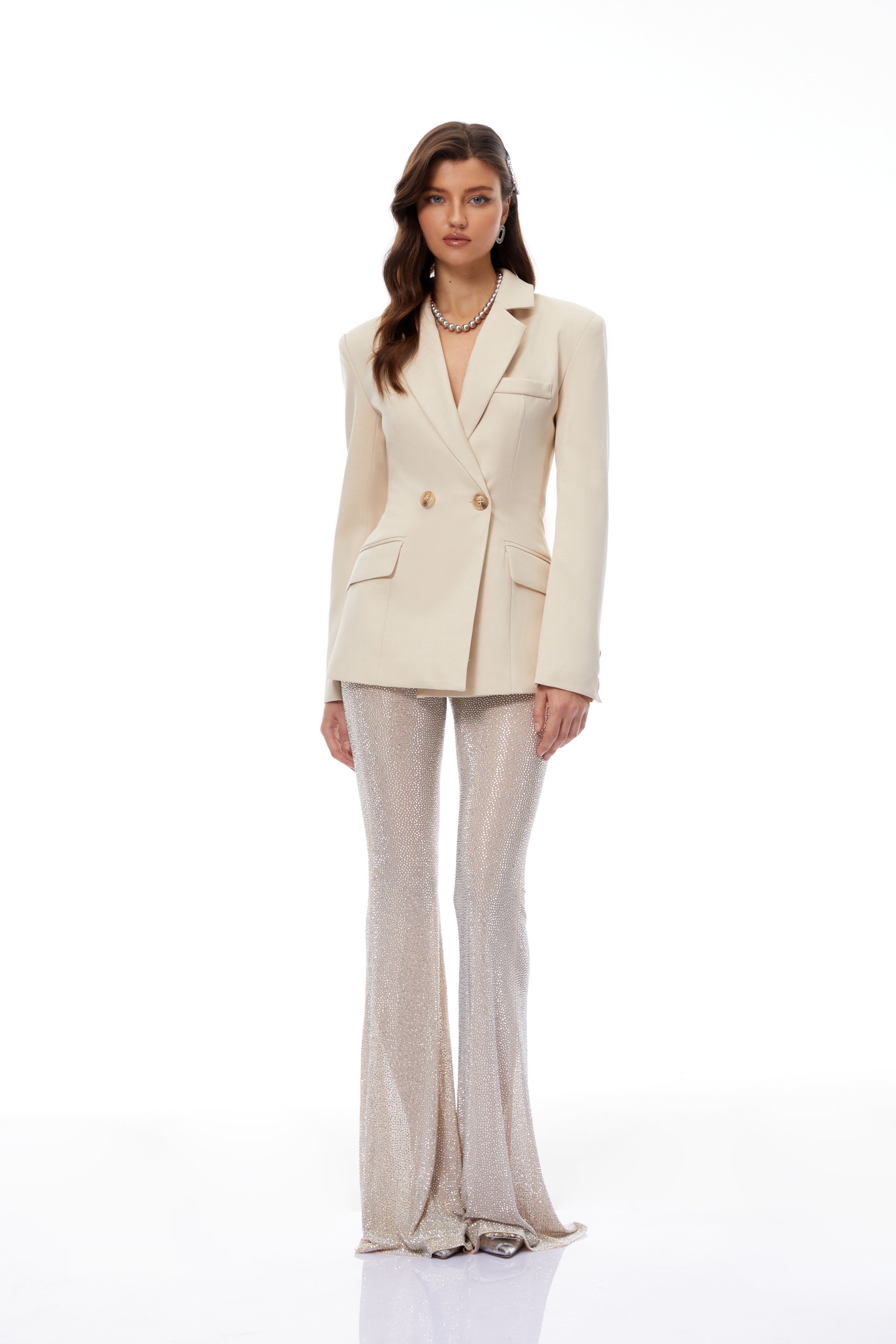 Edda Cream Double-Breasted Blazer & Rhinestone Trousers Set