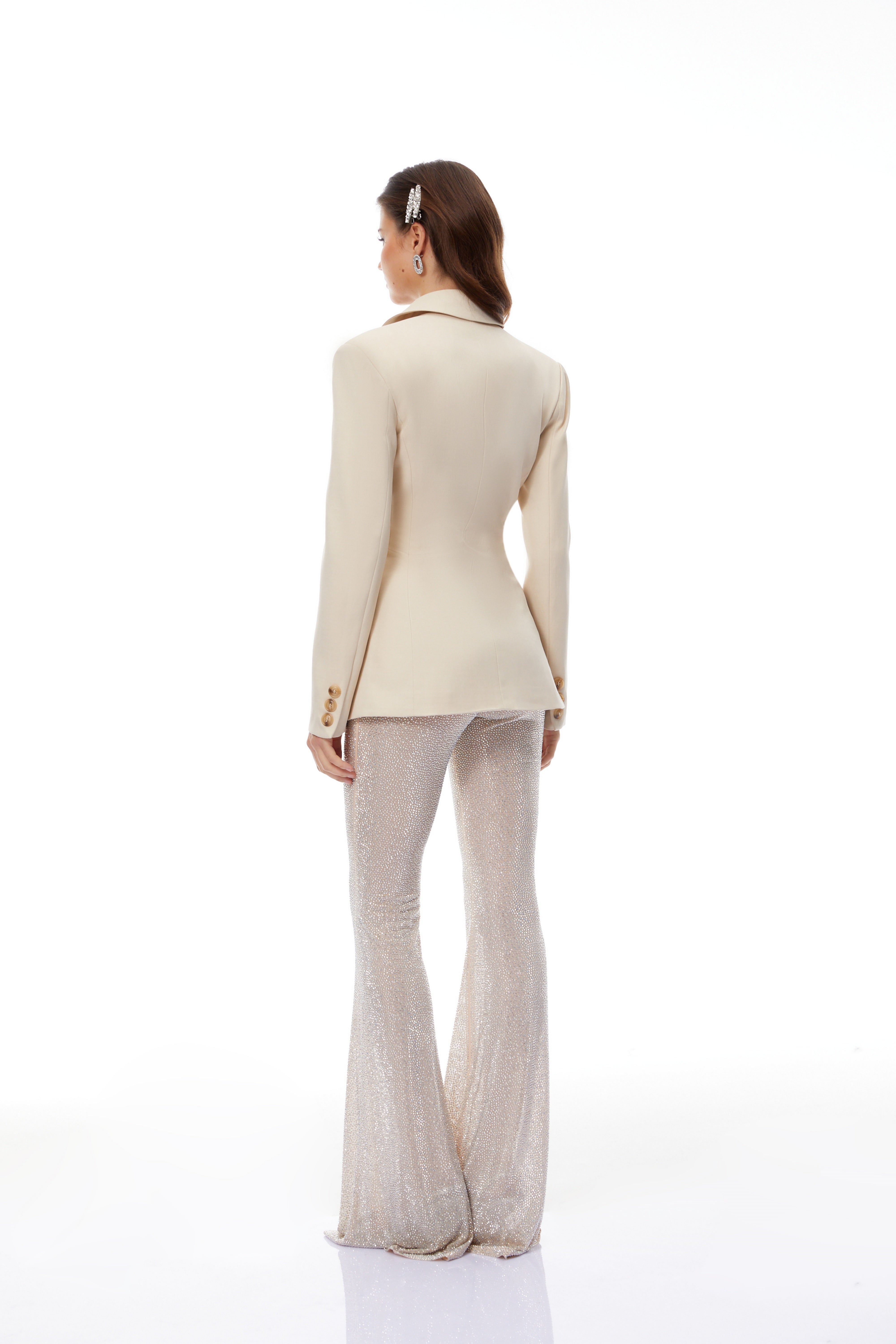 Edda Cream Double-Breasted Blazer & Rhinestone Trousers Set
