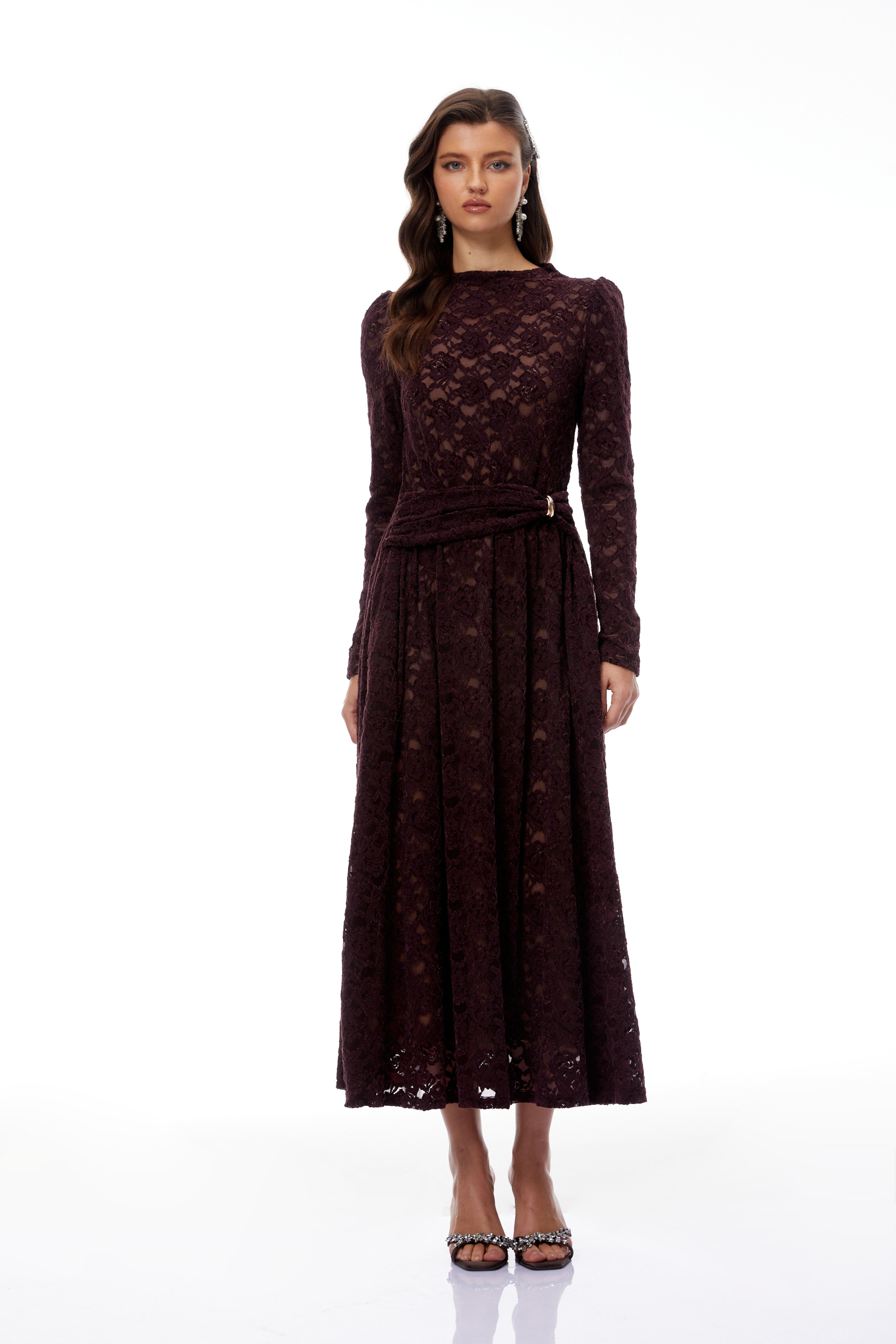 Ricardo Midikleid aus burgunderfarbener Chenille-Spitze