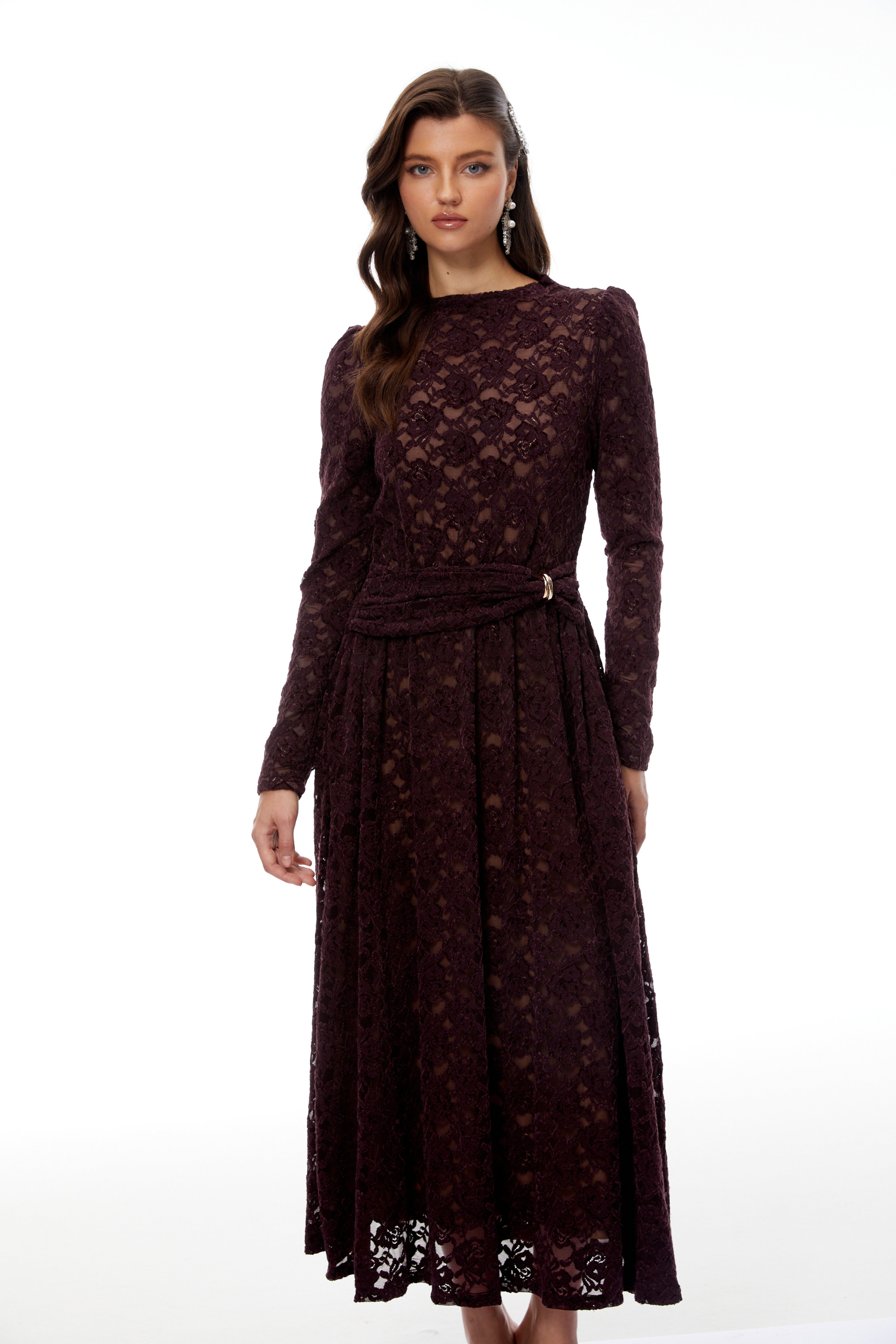Ricardo Midikleid aus burgunderfarbener Chenille-Spitze