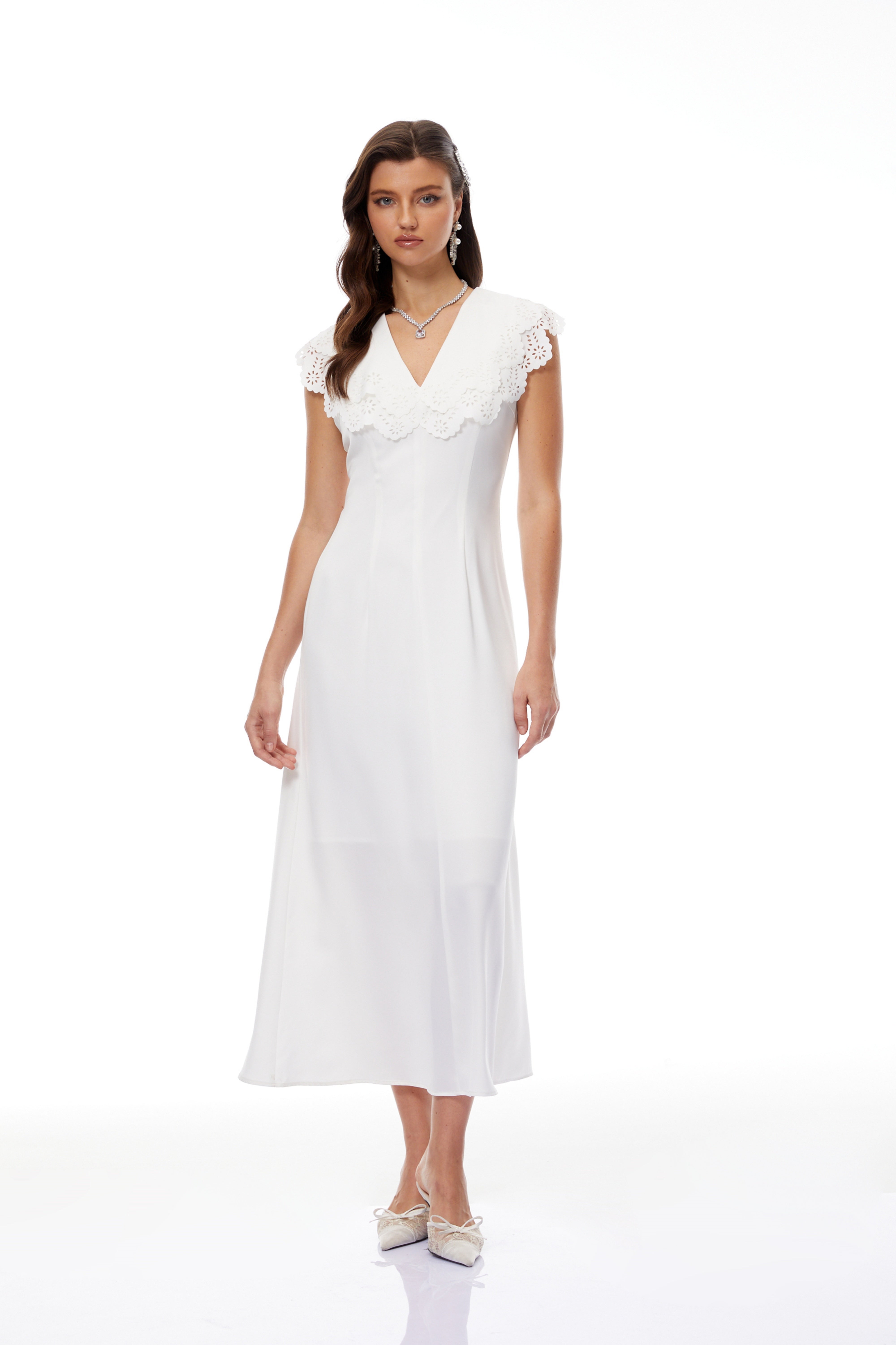 Ashley White Lace Trim Midi Dress