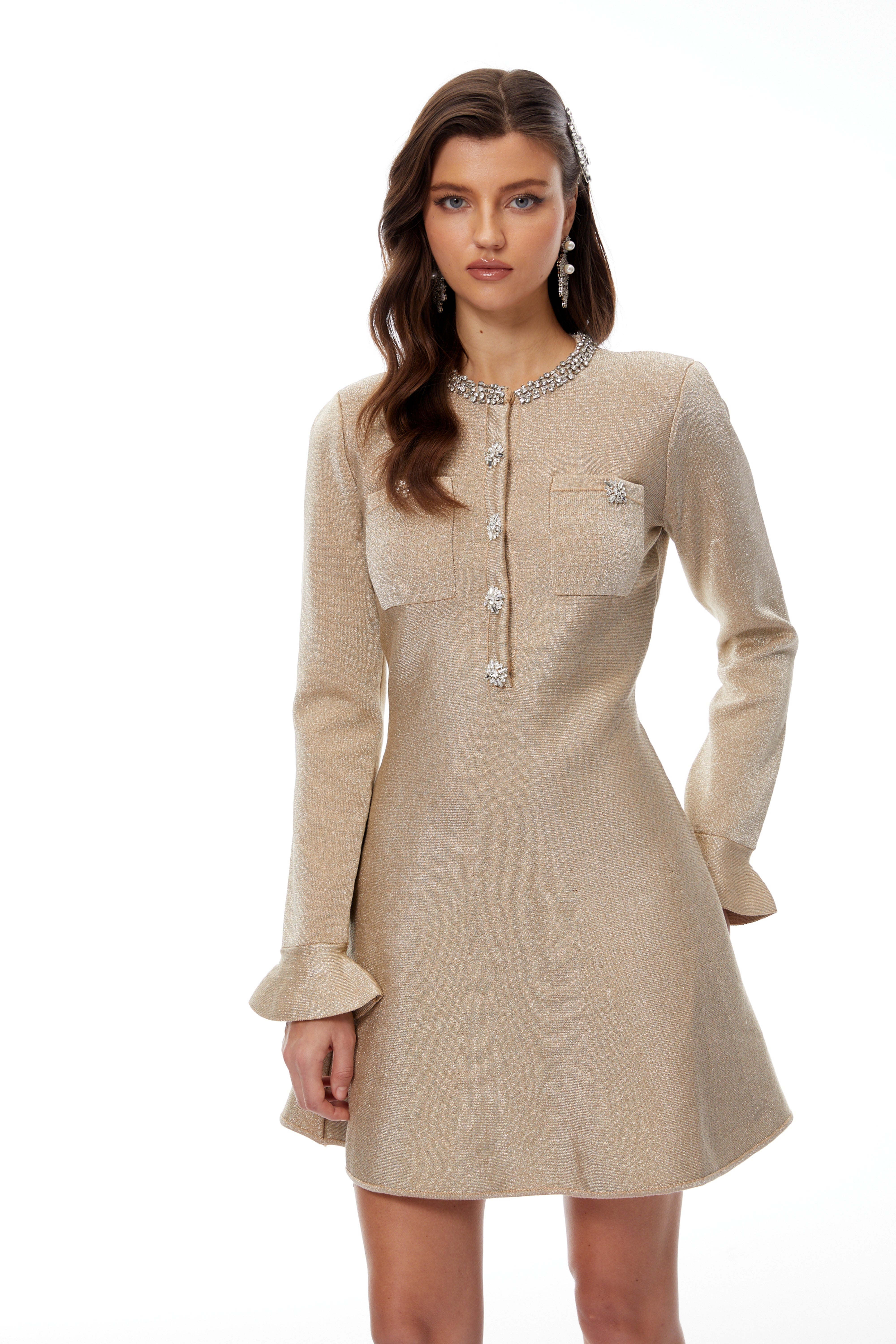Cayetana Khaki Crystal Embellished Knit Mini Dress