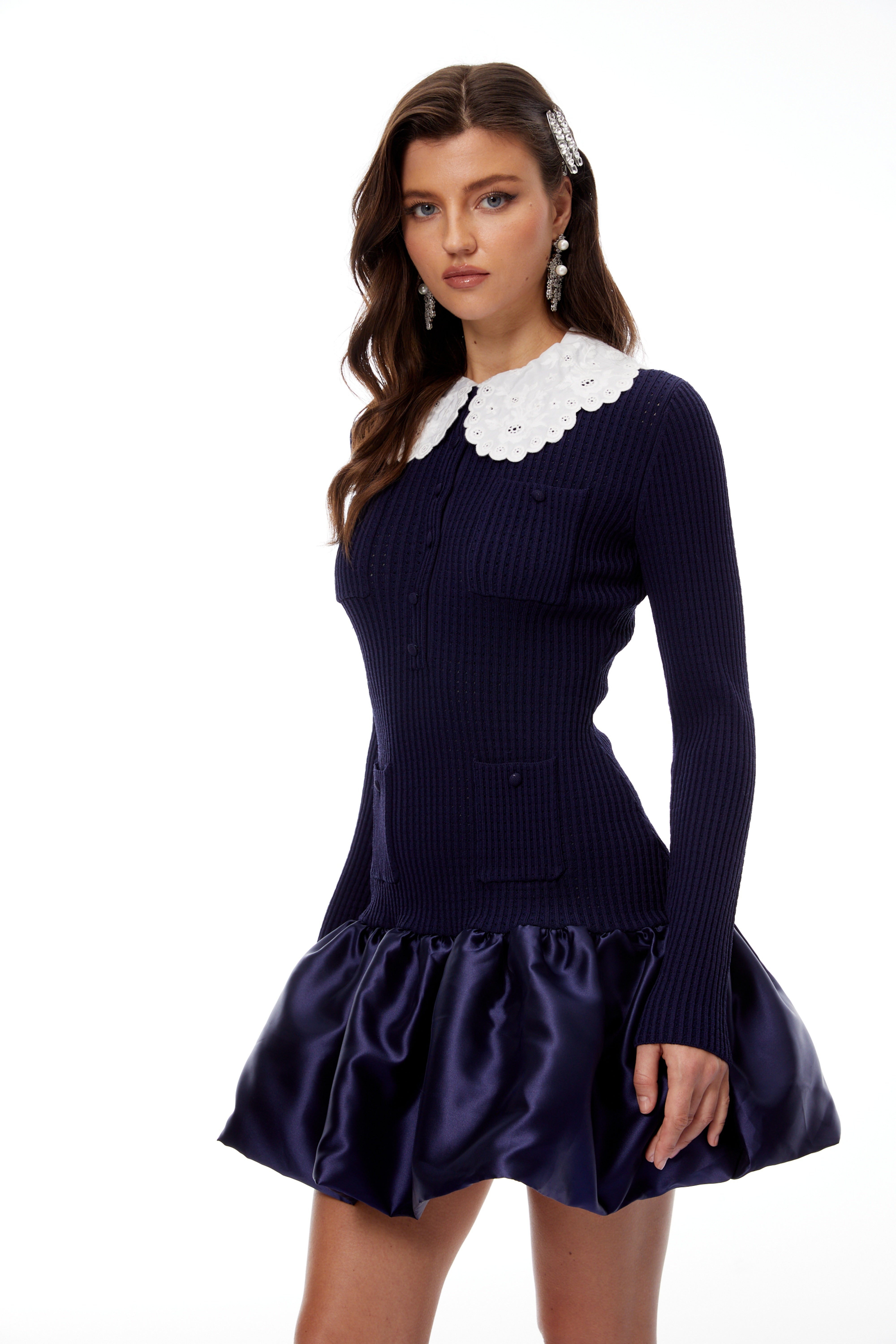 Aroa Navy Blue Satin Panel Knit Mini Dress