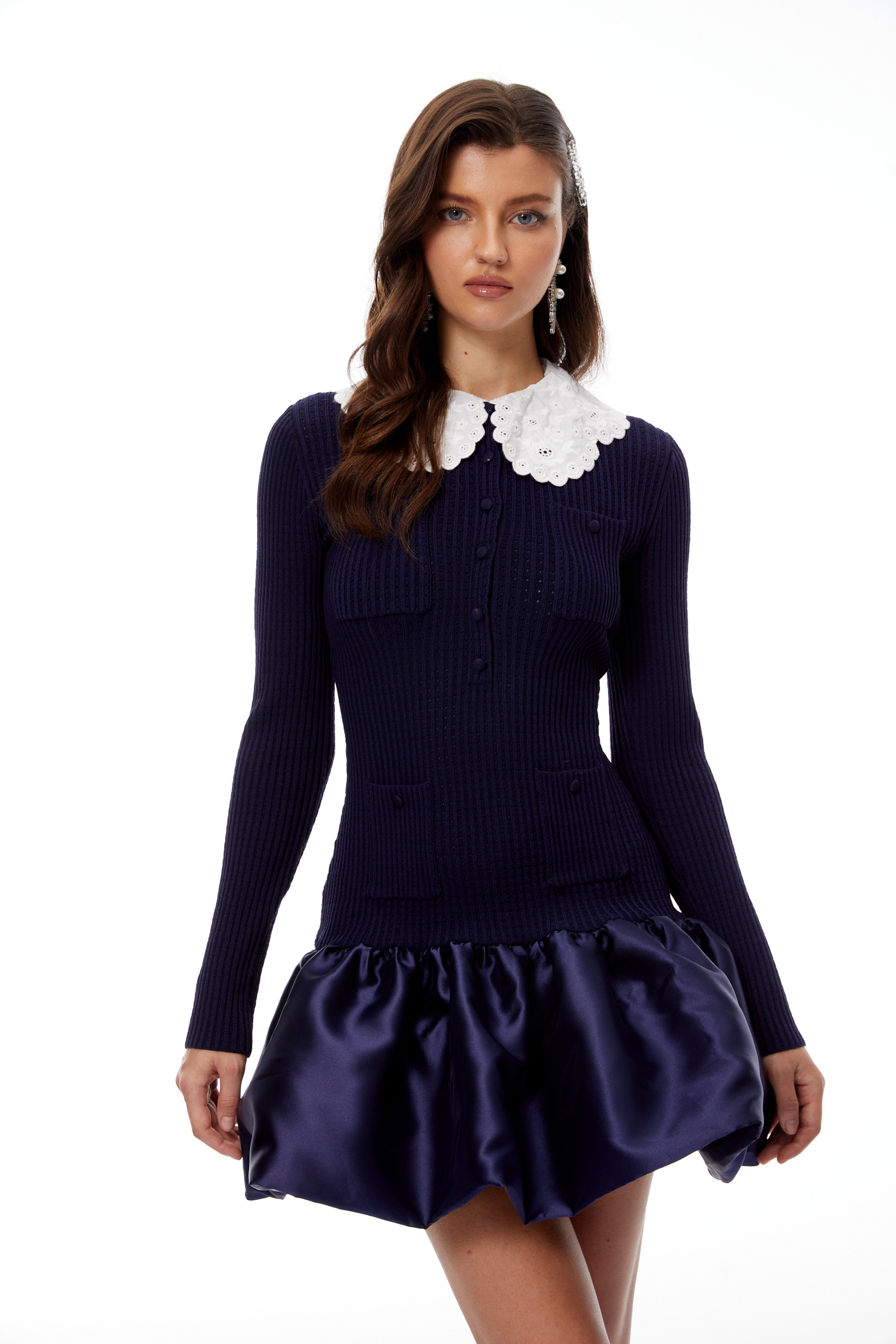 Aroa Navy Blue Satin Panel Knit Mini Dress