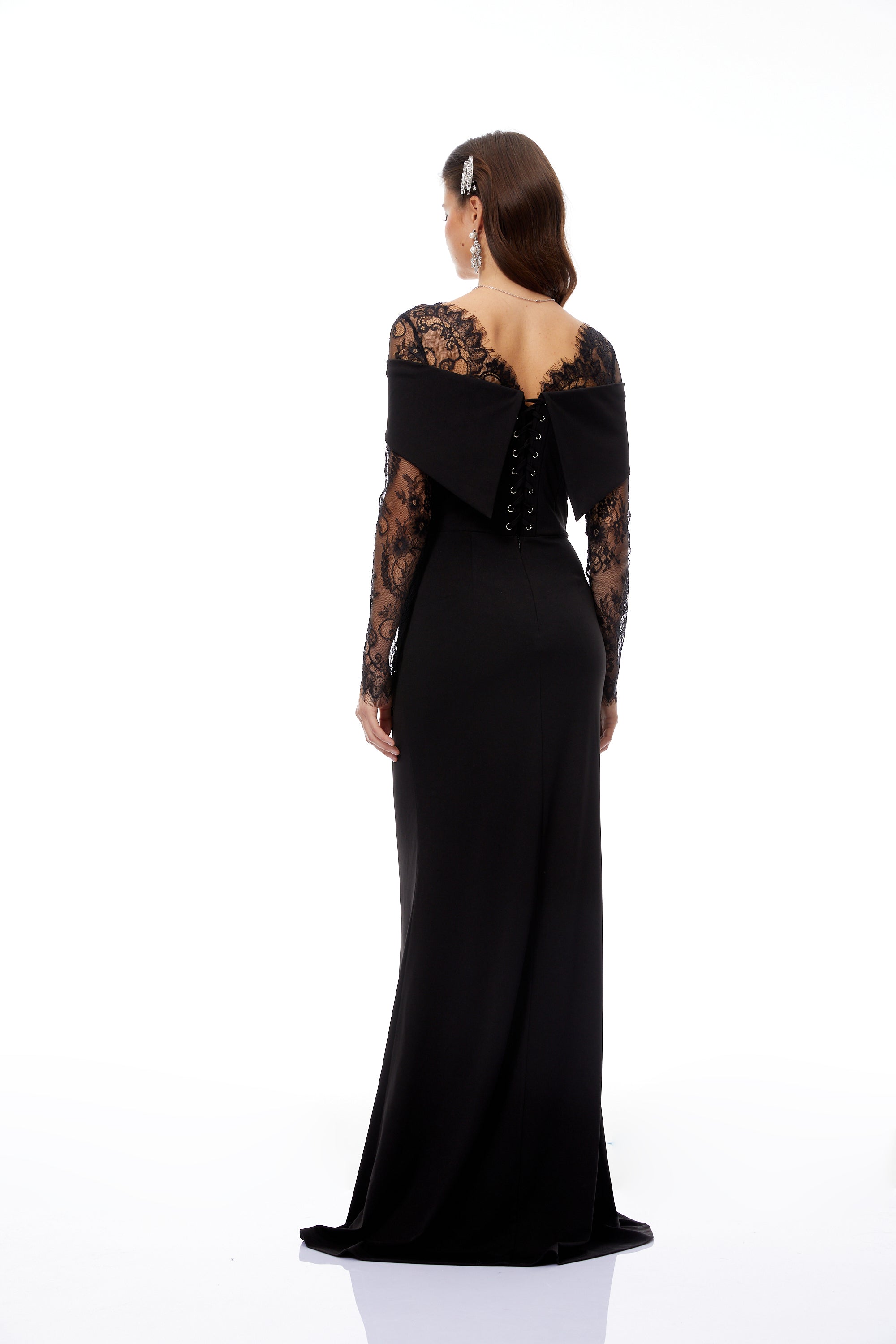 Georgiana Black Lace Panel Flared Maxi Gown