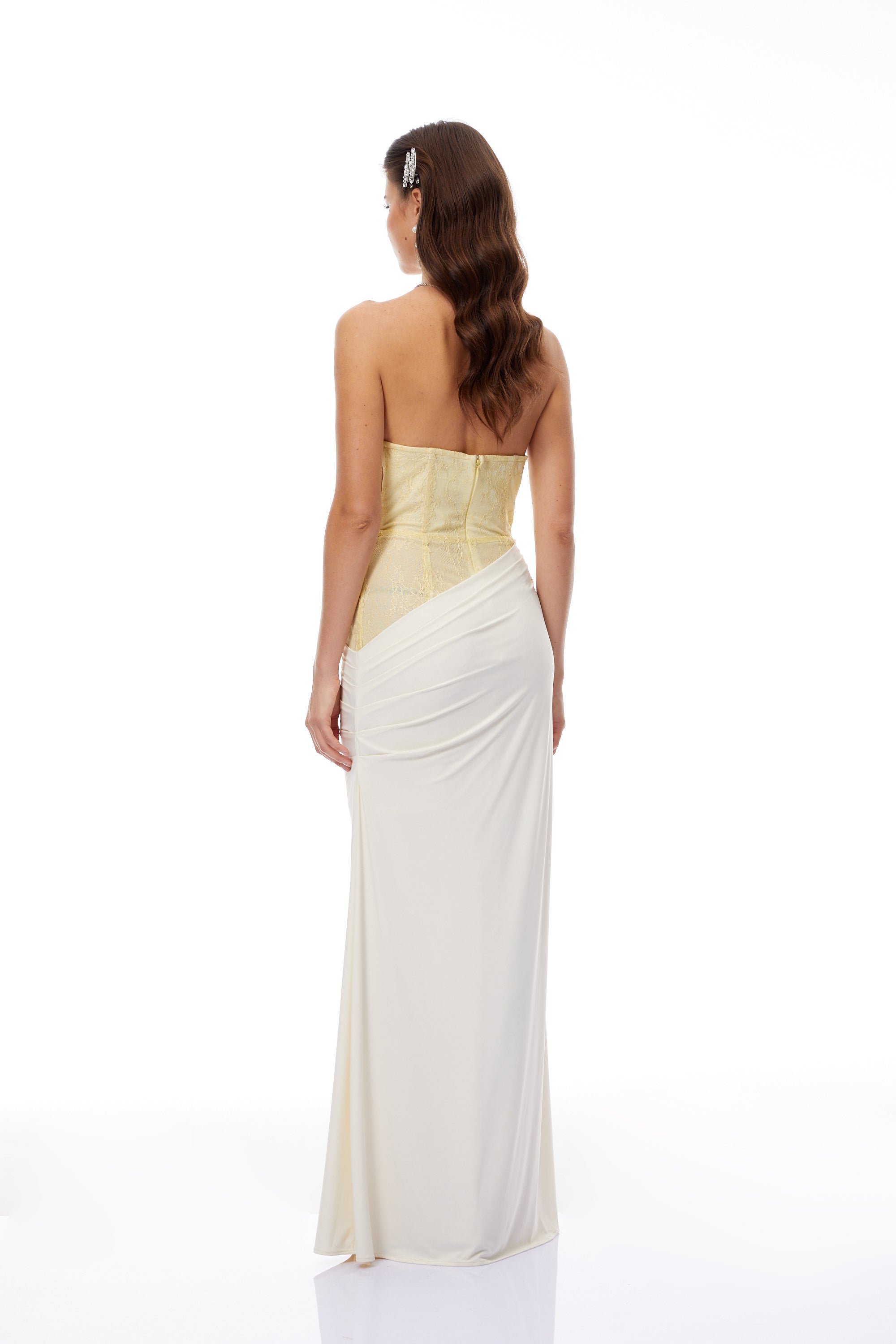 Beata gelbes Maxikleid mit Korsett-Oberteil und Spitze