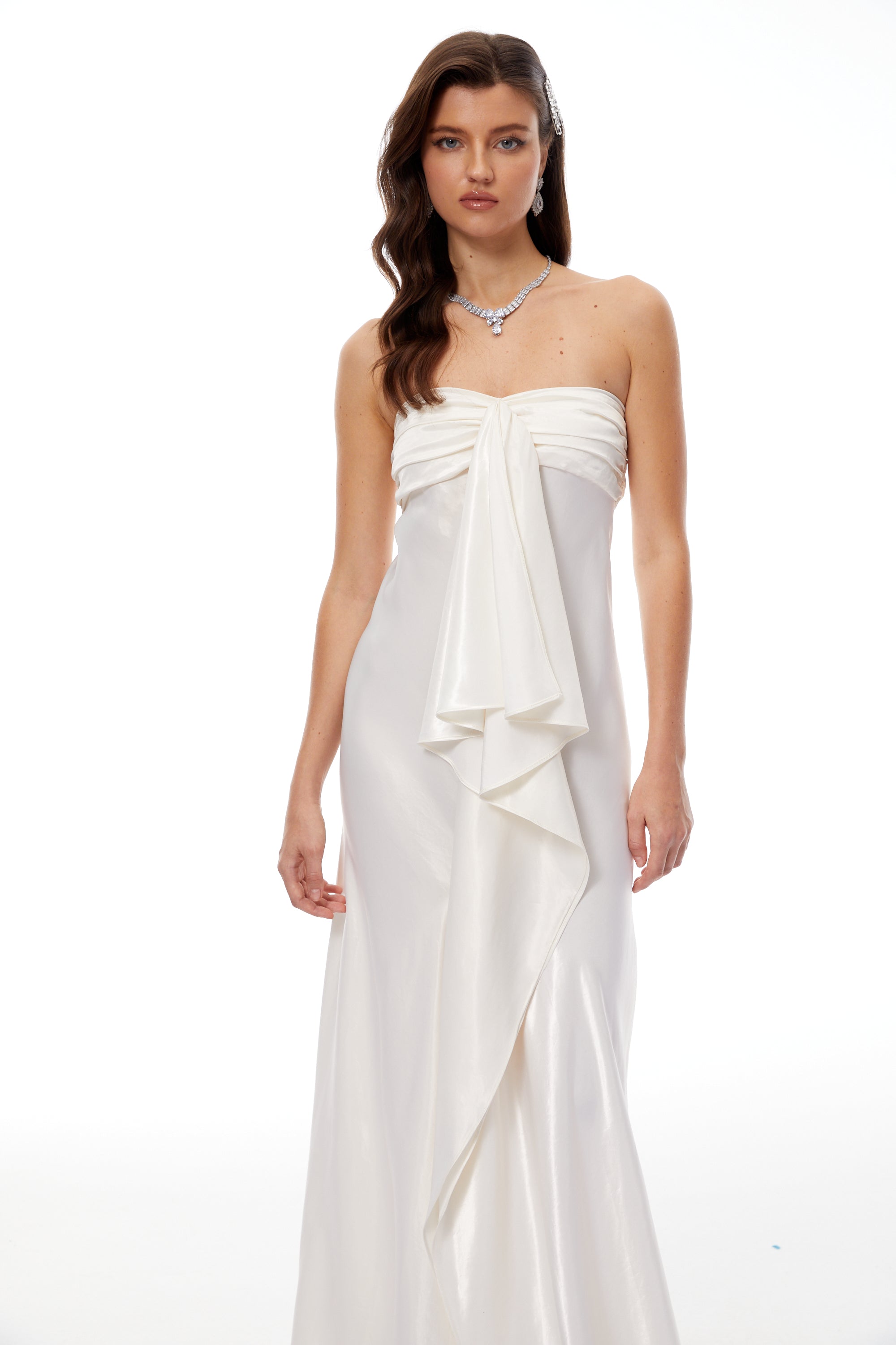Lilla Beige Strapless Ruffled Satin Maxi Dress