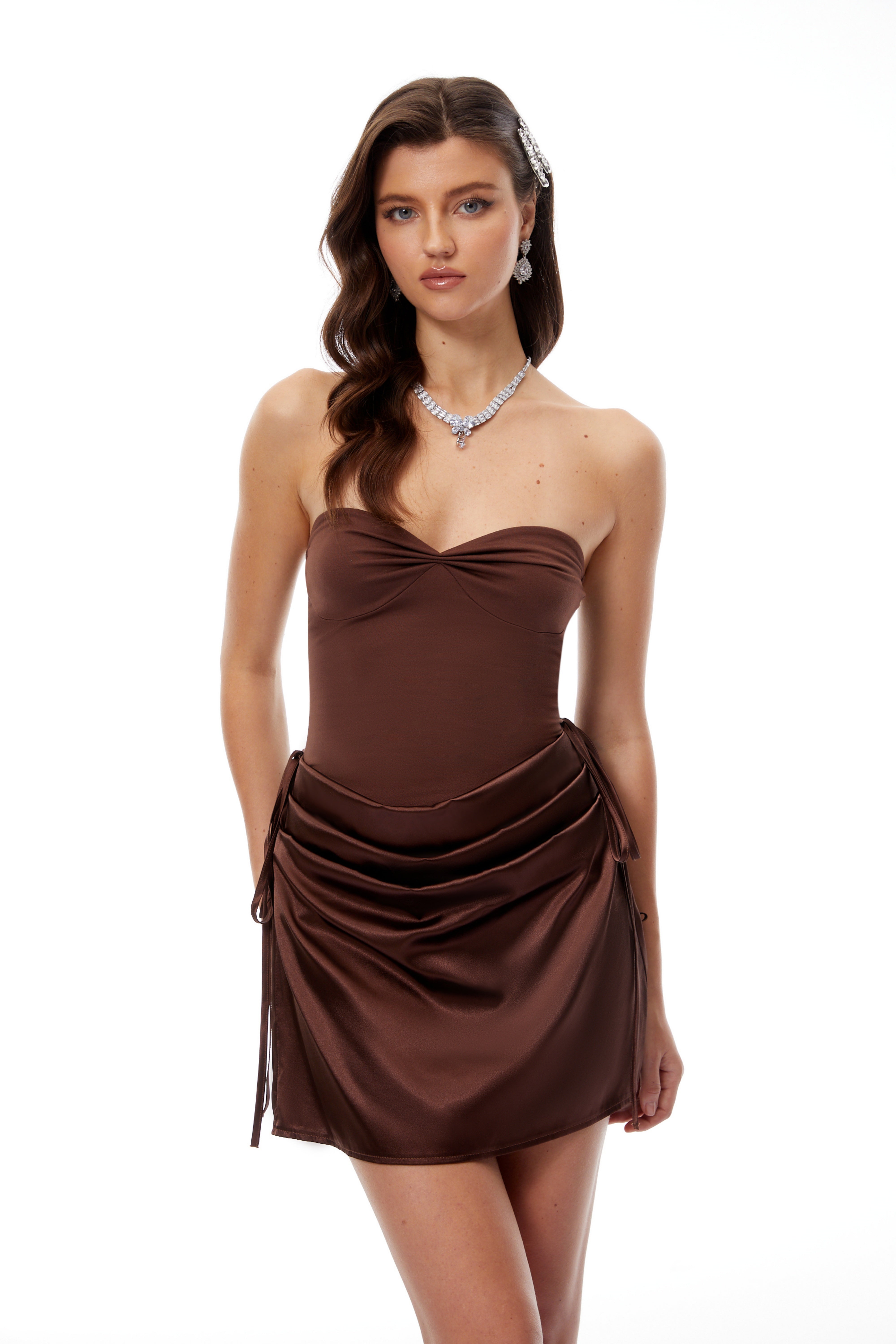 Evelina Brown Strapless Satin Panel Mini Dress
