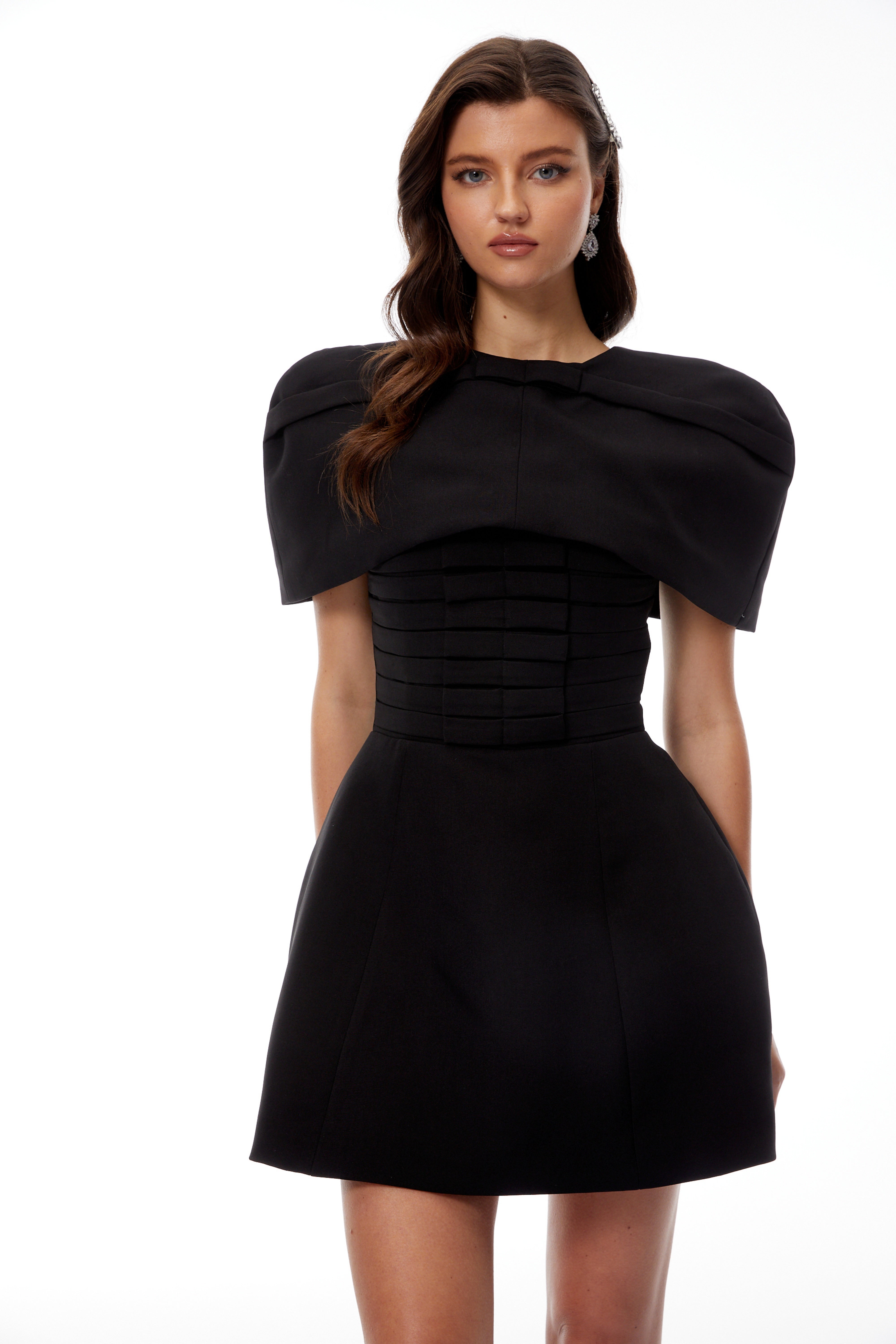 Celía Black Cape Design Flared Mini Dress