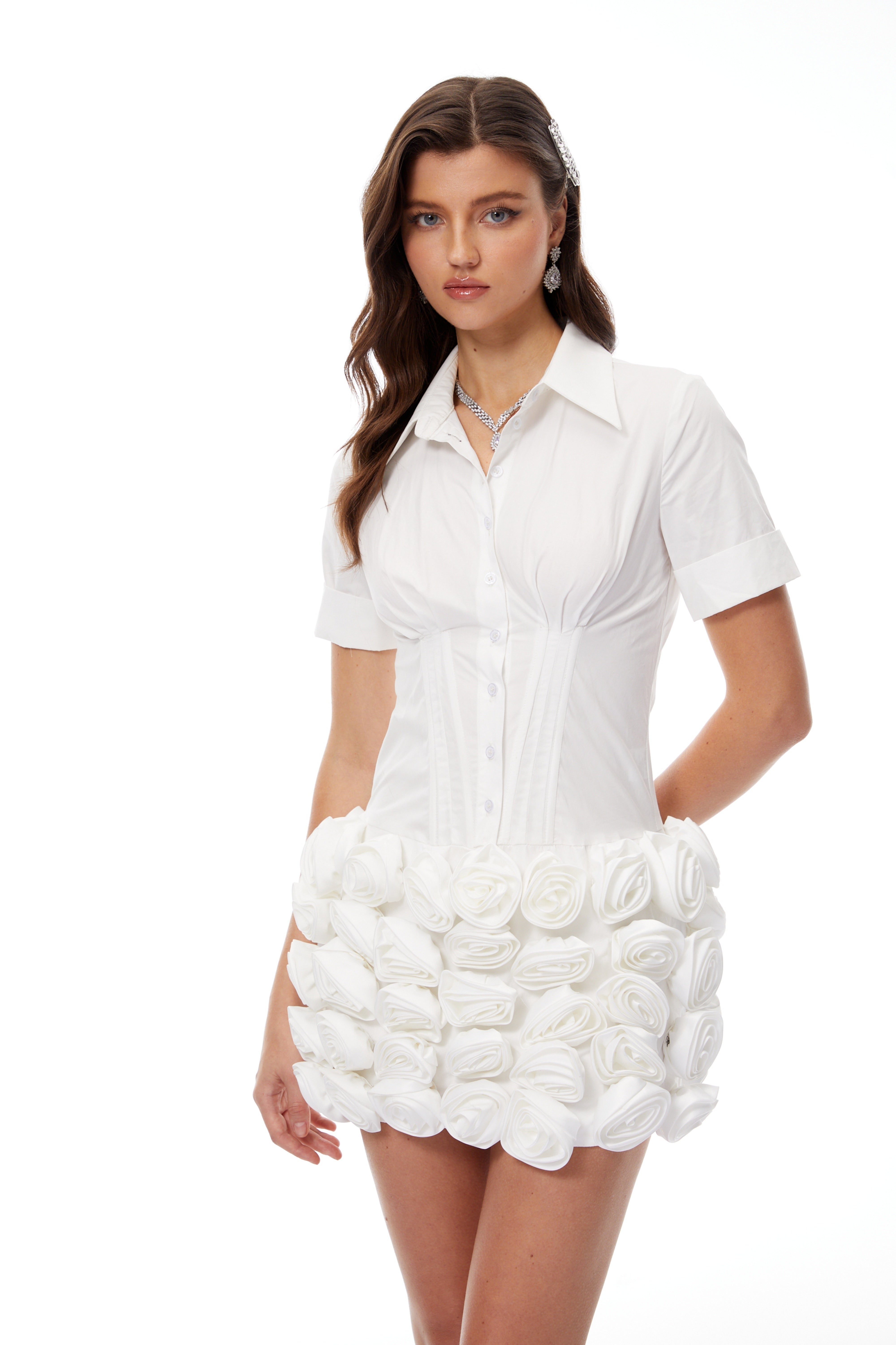 Pernilla White 3D Petal Mini Shirt Dress
