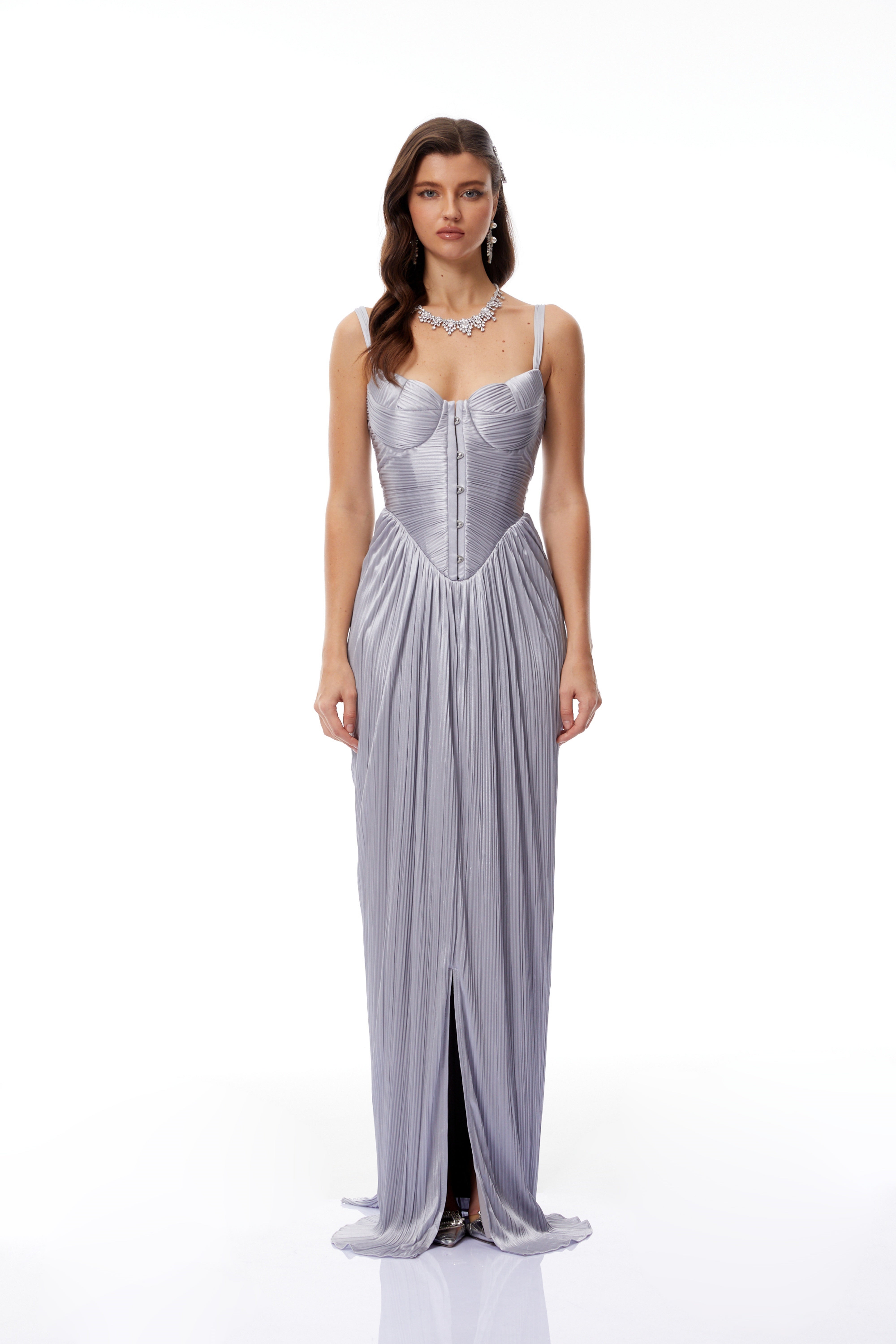 Nicoletta Silver Glossy Pleated Corset Maxi Dress