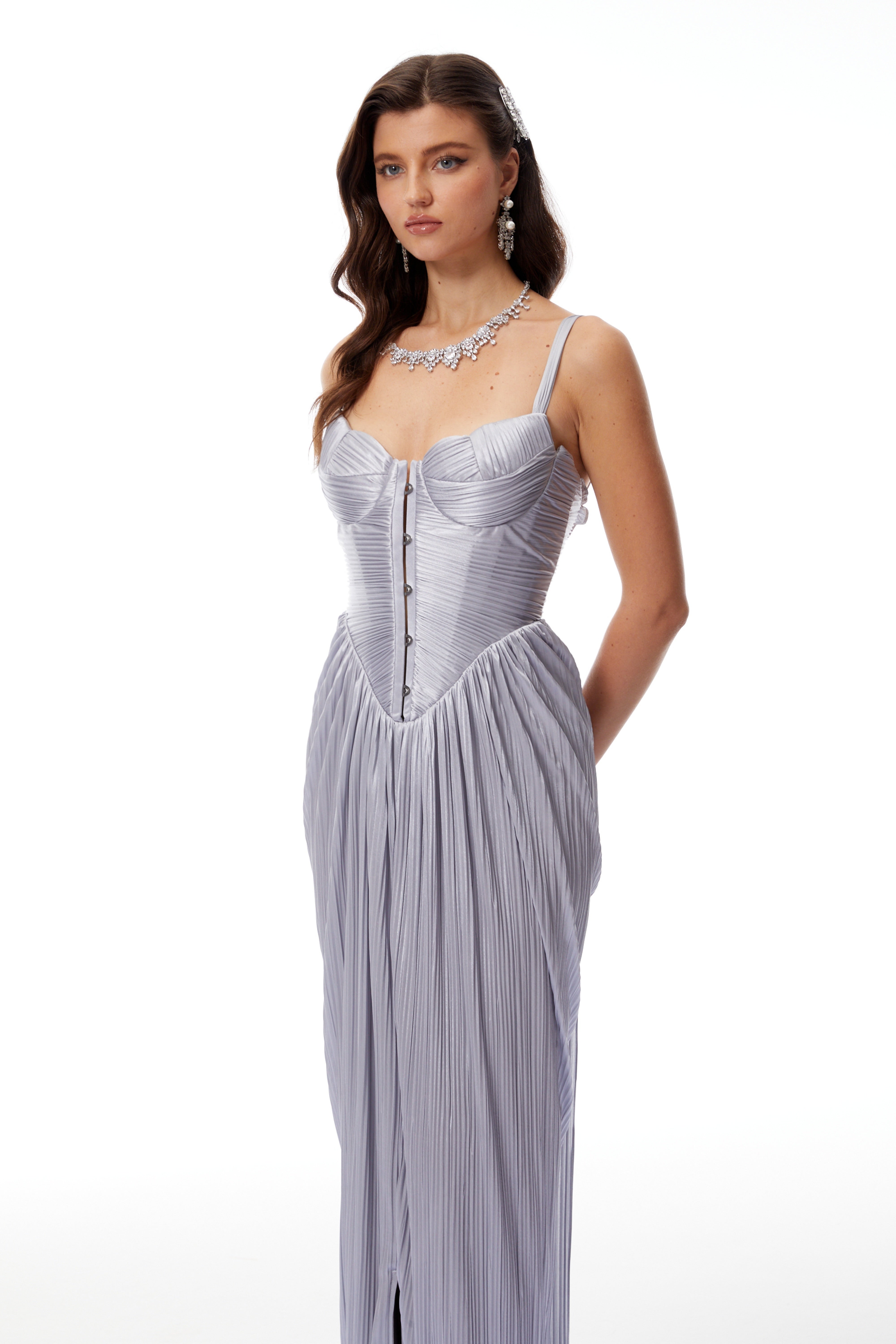 Nicoletta Silver Glossy Pleated Corset Maxi Dress