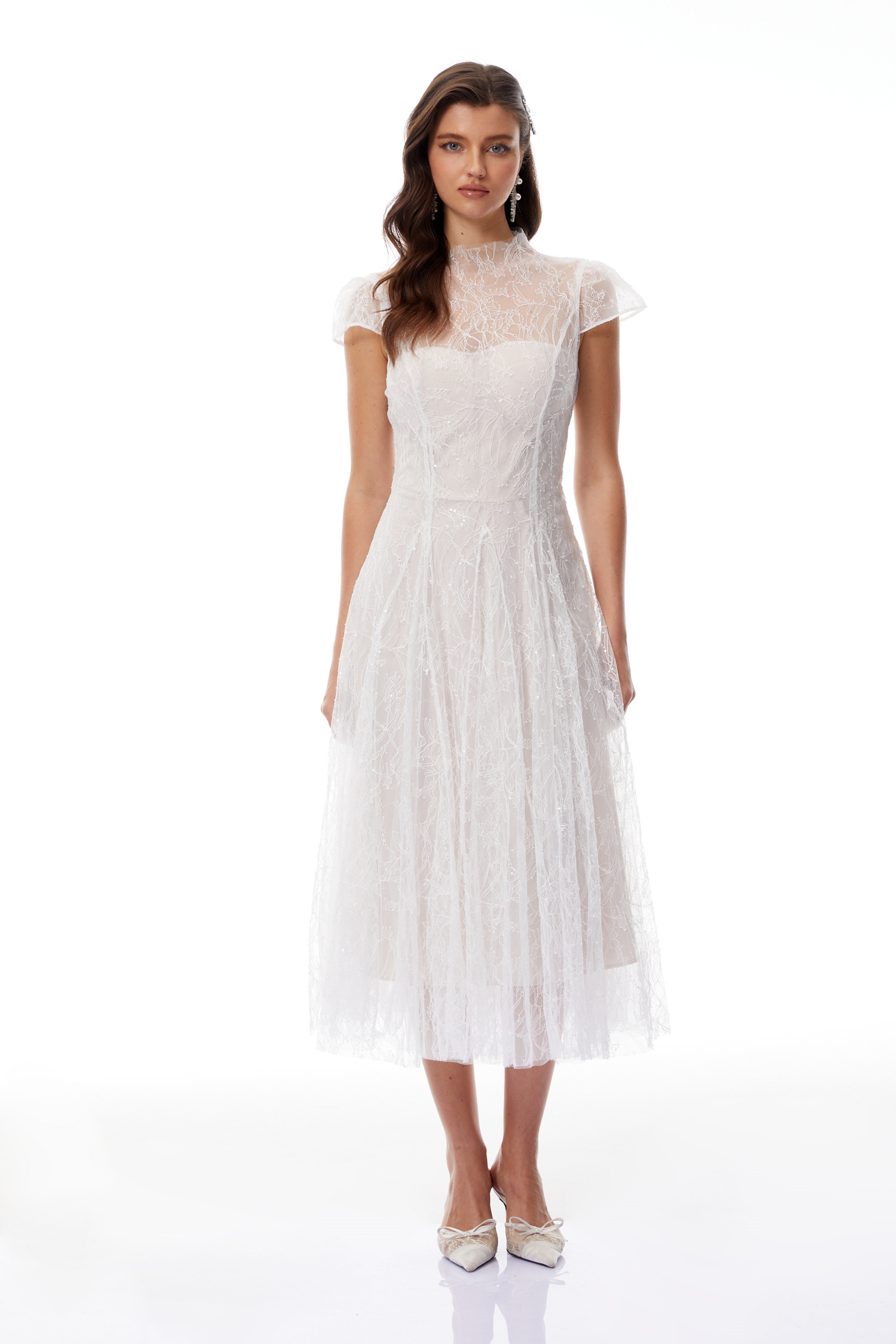 Velia Weißes Spitzen-Glitzer-Tüll-Maxikleid