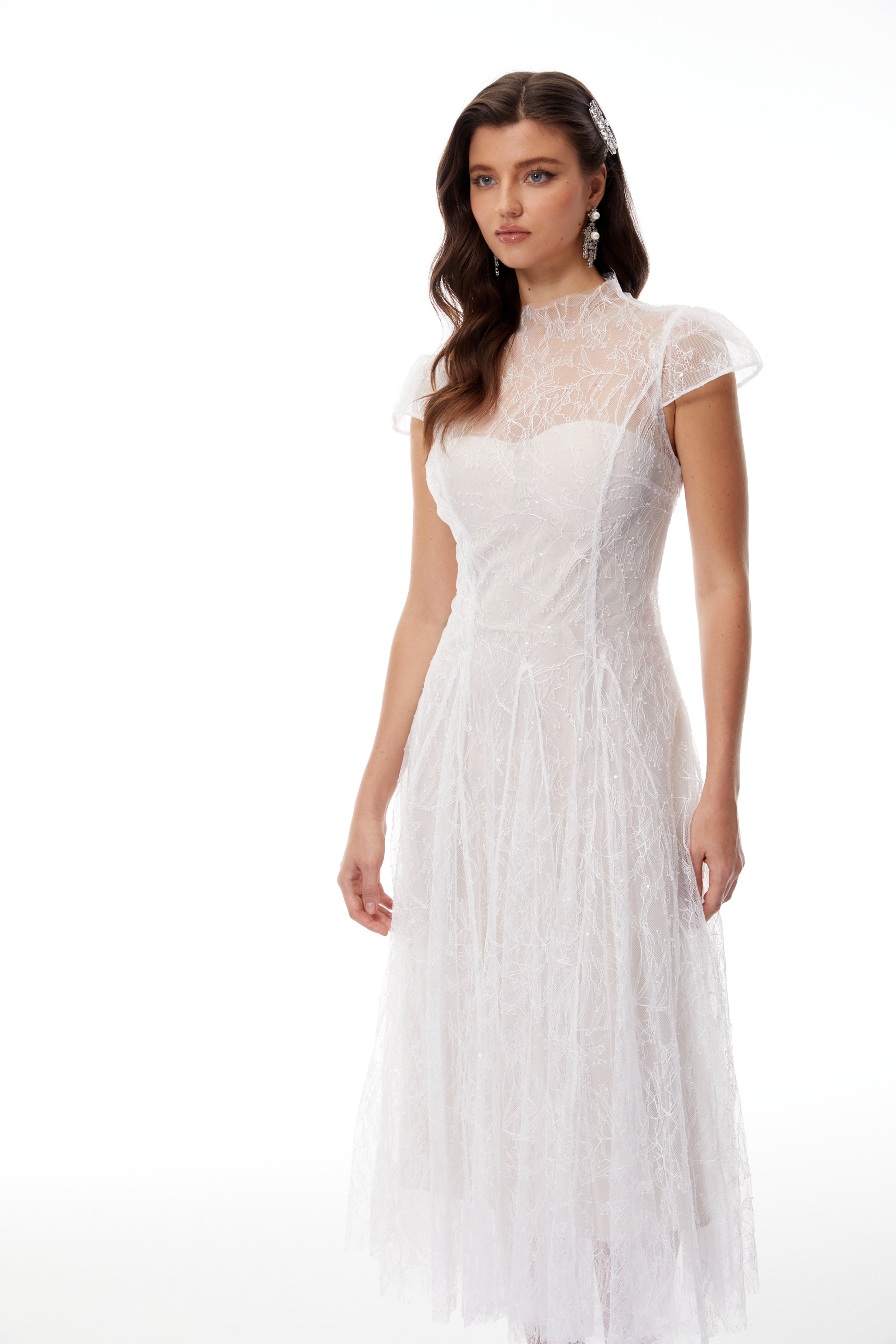 Velia Weißes Spitzen-Glitzer-Tüll-Maxikleid