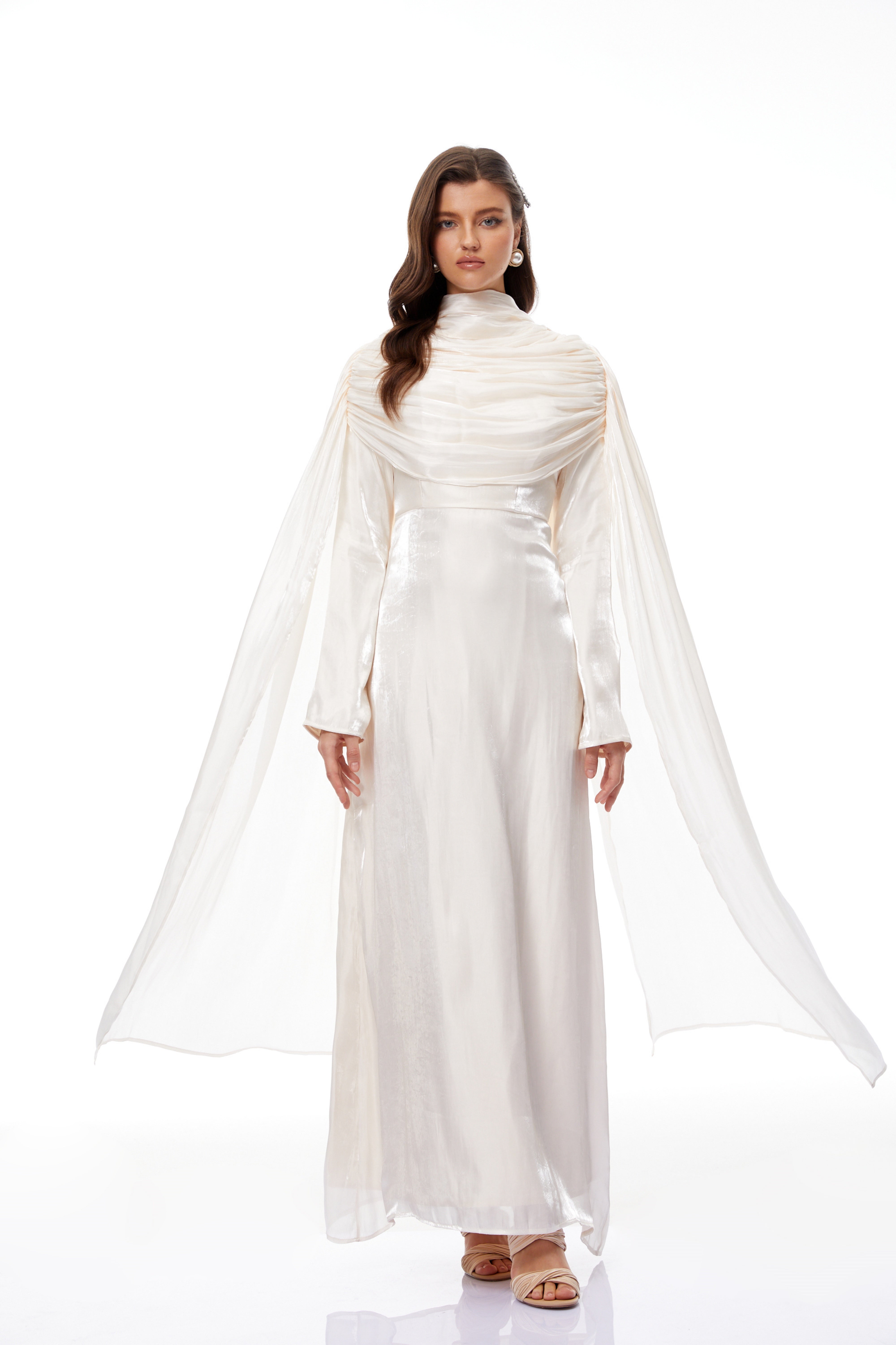 Hege Cream Glossy Ruched Cape Maxi Dress