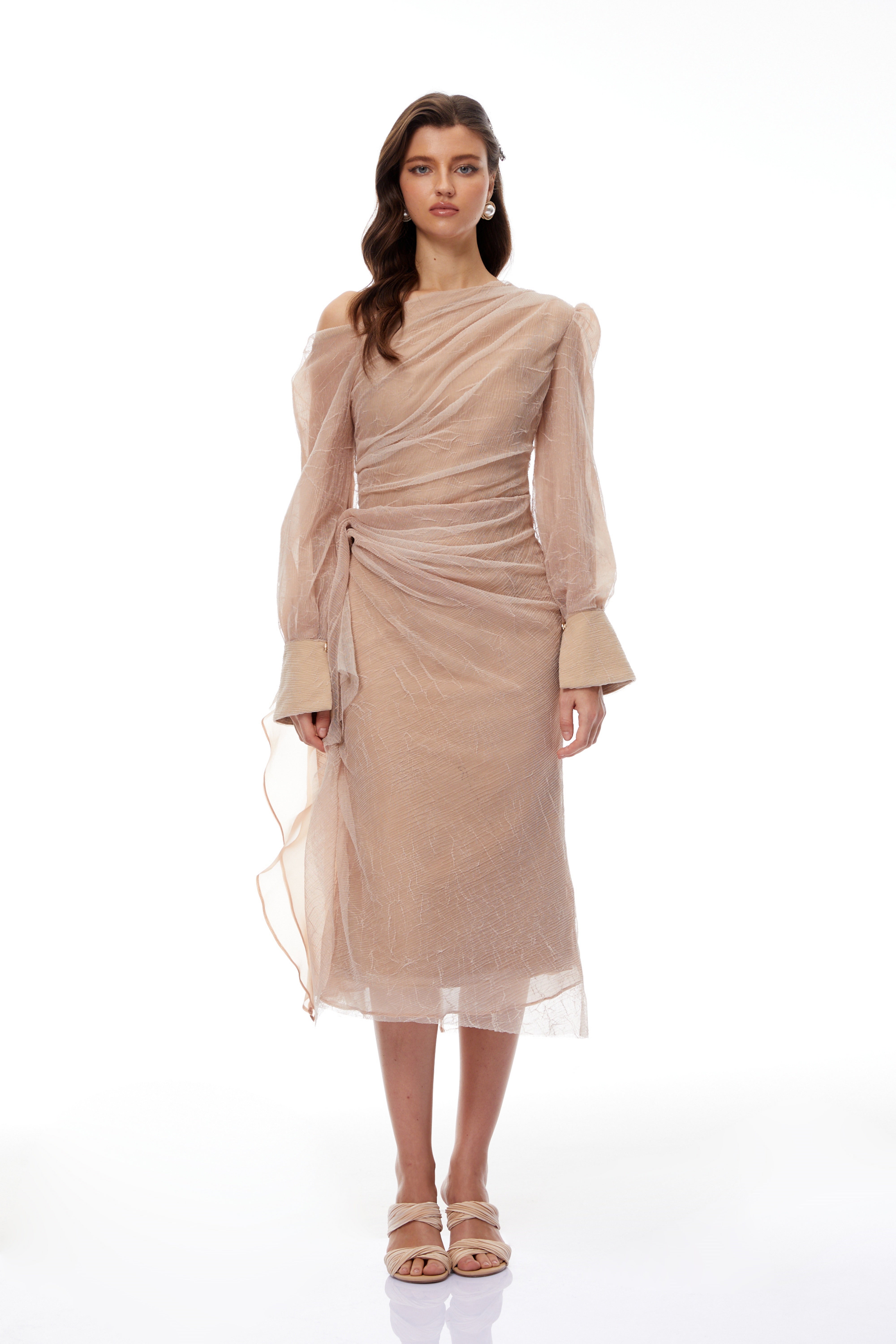 Pietro Khaki Asymmetrisches Midikleid mit Raffungen