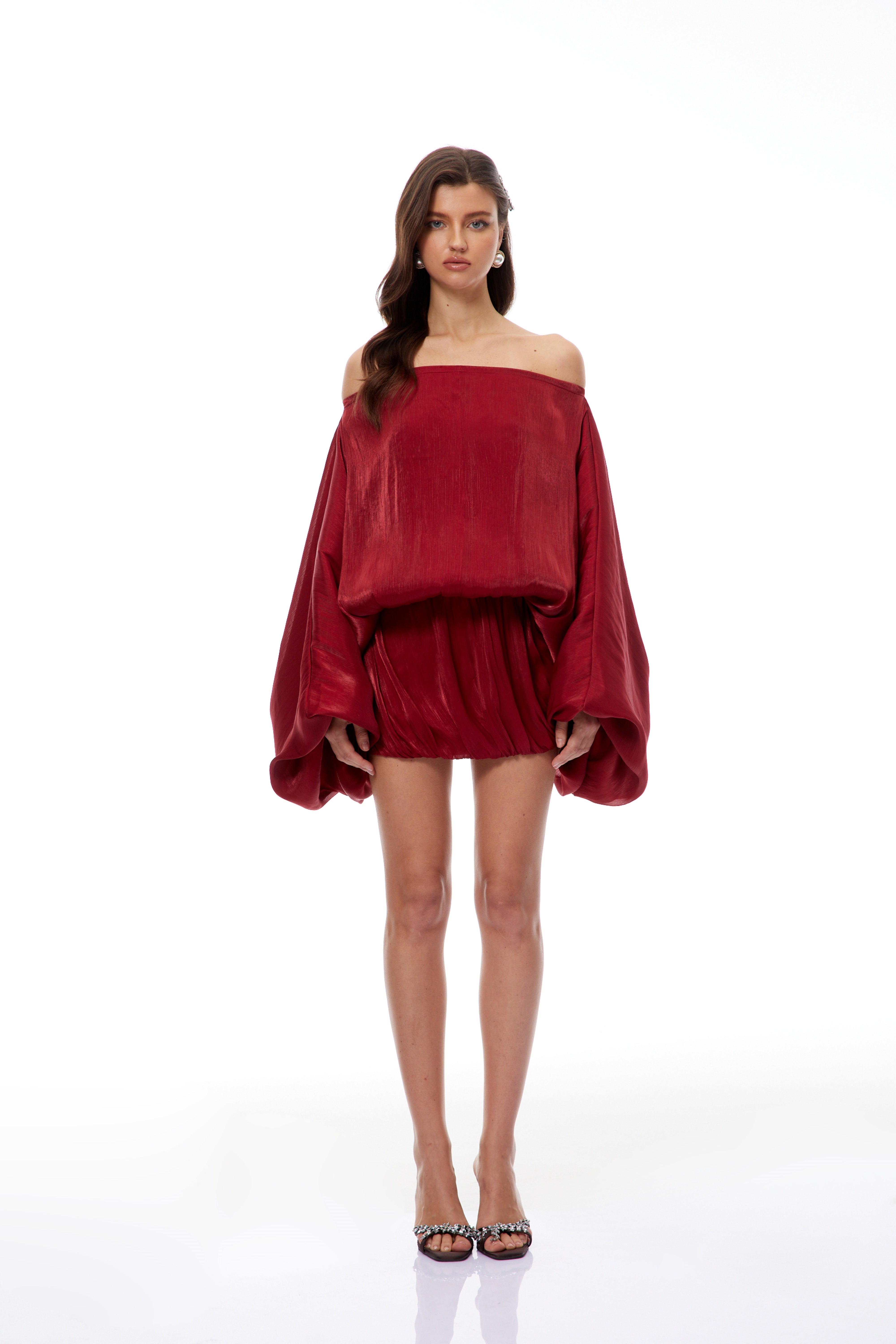 Patrizia Red Off Shoulder Glossy Mini Dress