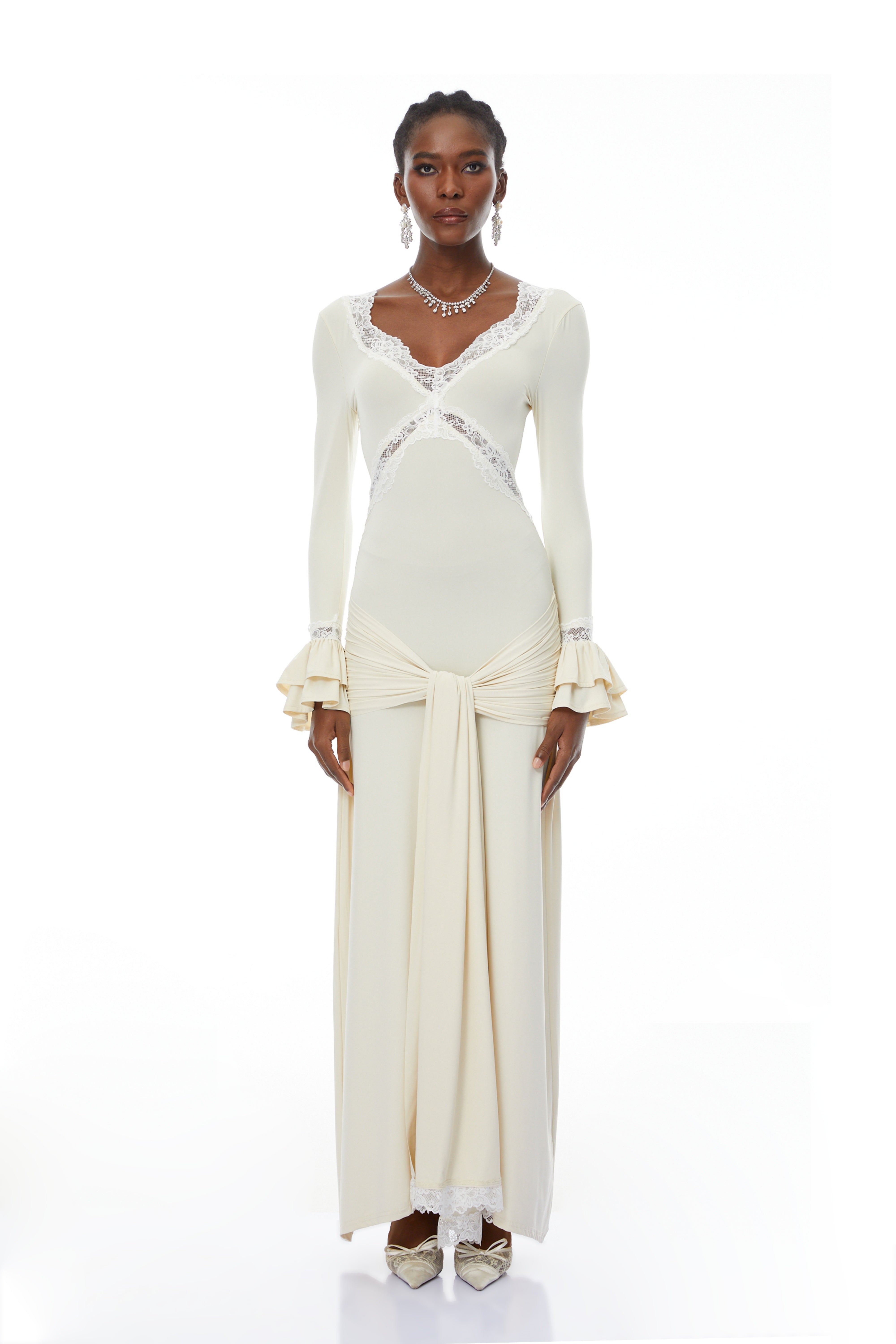 Tonina White Lace Trim Twisted Maxi Dress