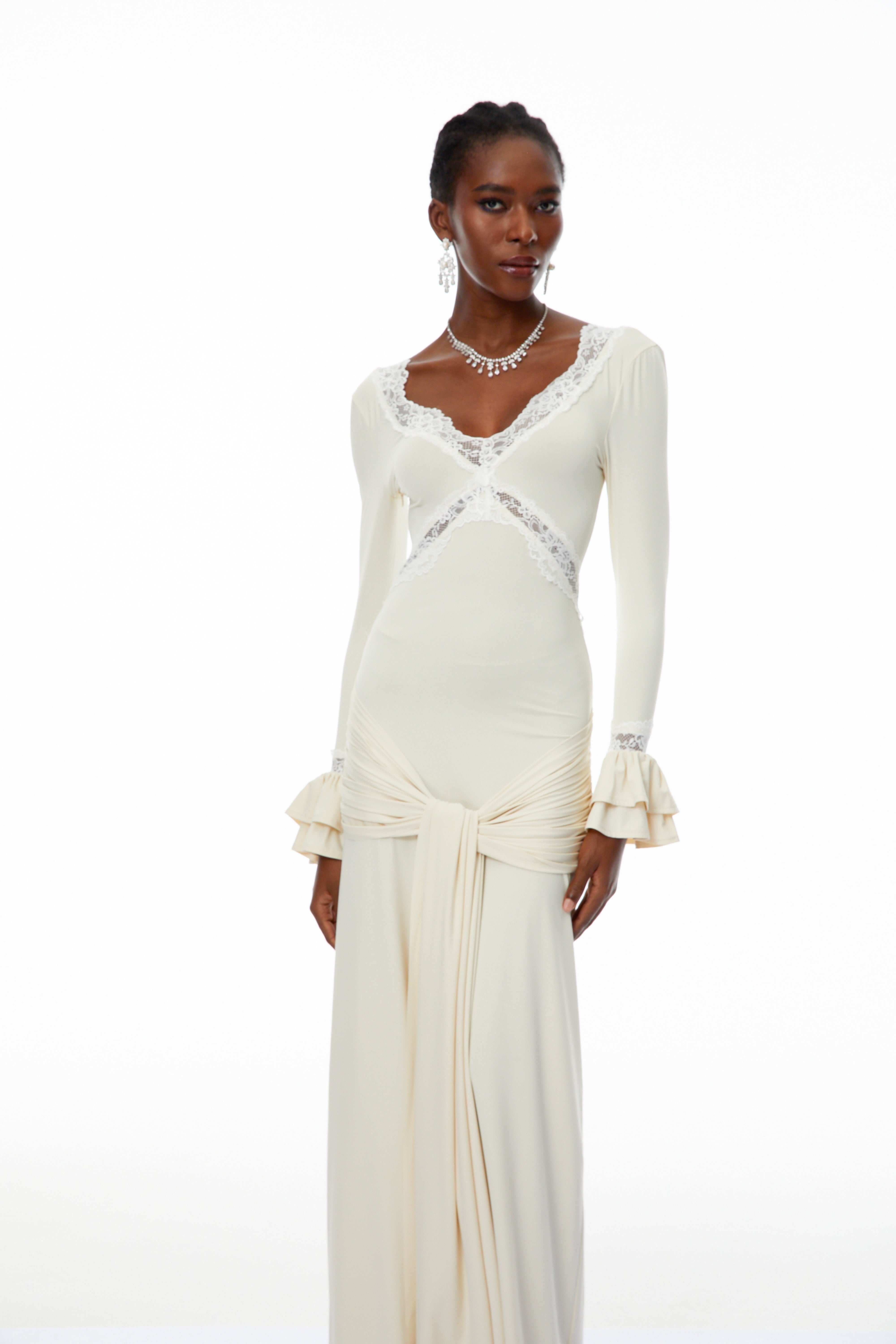 ワンピース BOCHERON Elegant Lace Long Dress white Tonina White Lace Trim Twisted Maxi Dress