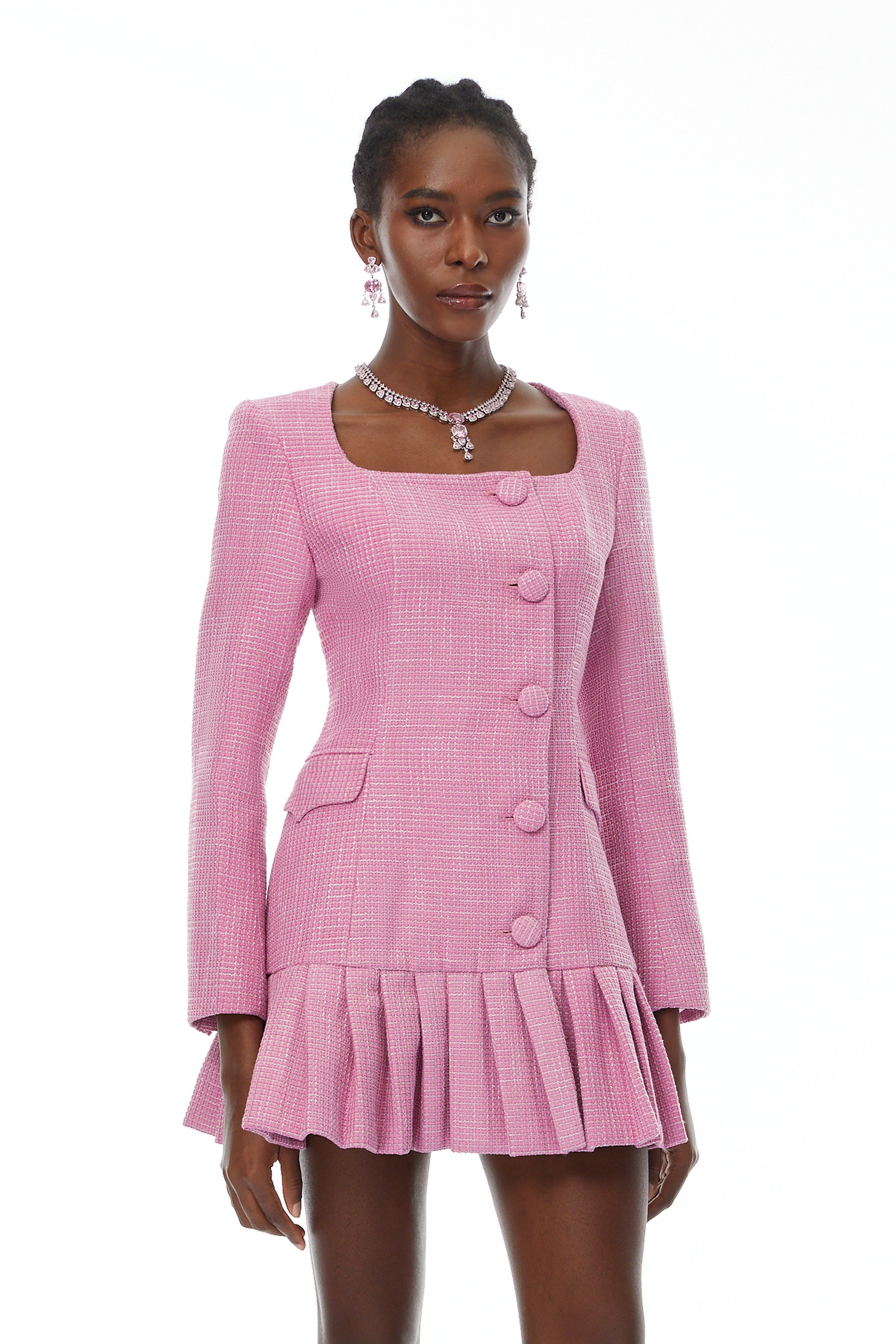 Irene Pink Square Neck Tweed Mini Dress