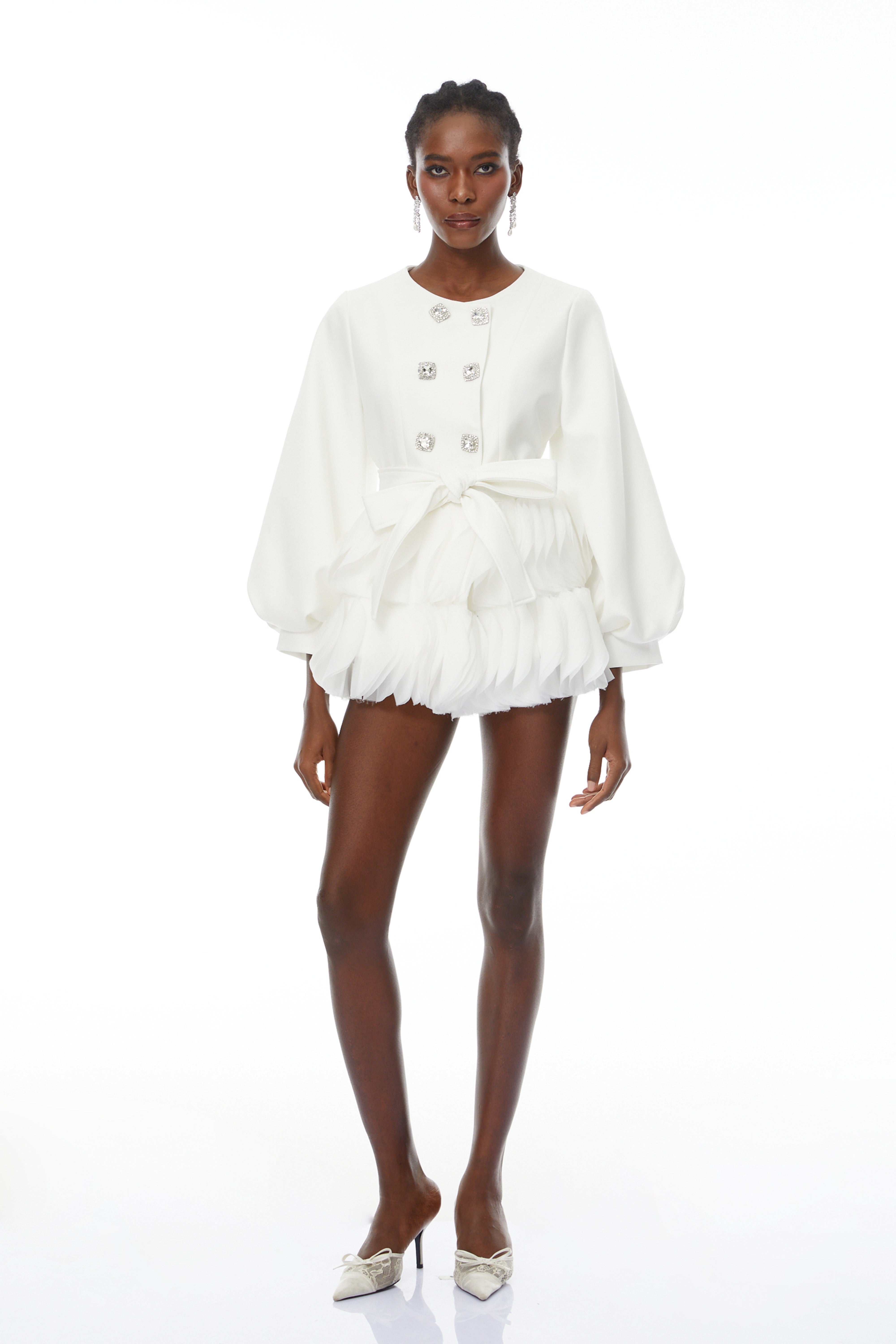Giulia White Belted Ruffled Panel Mini Dress