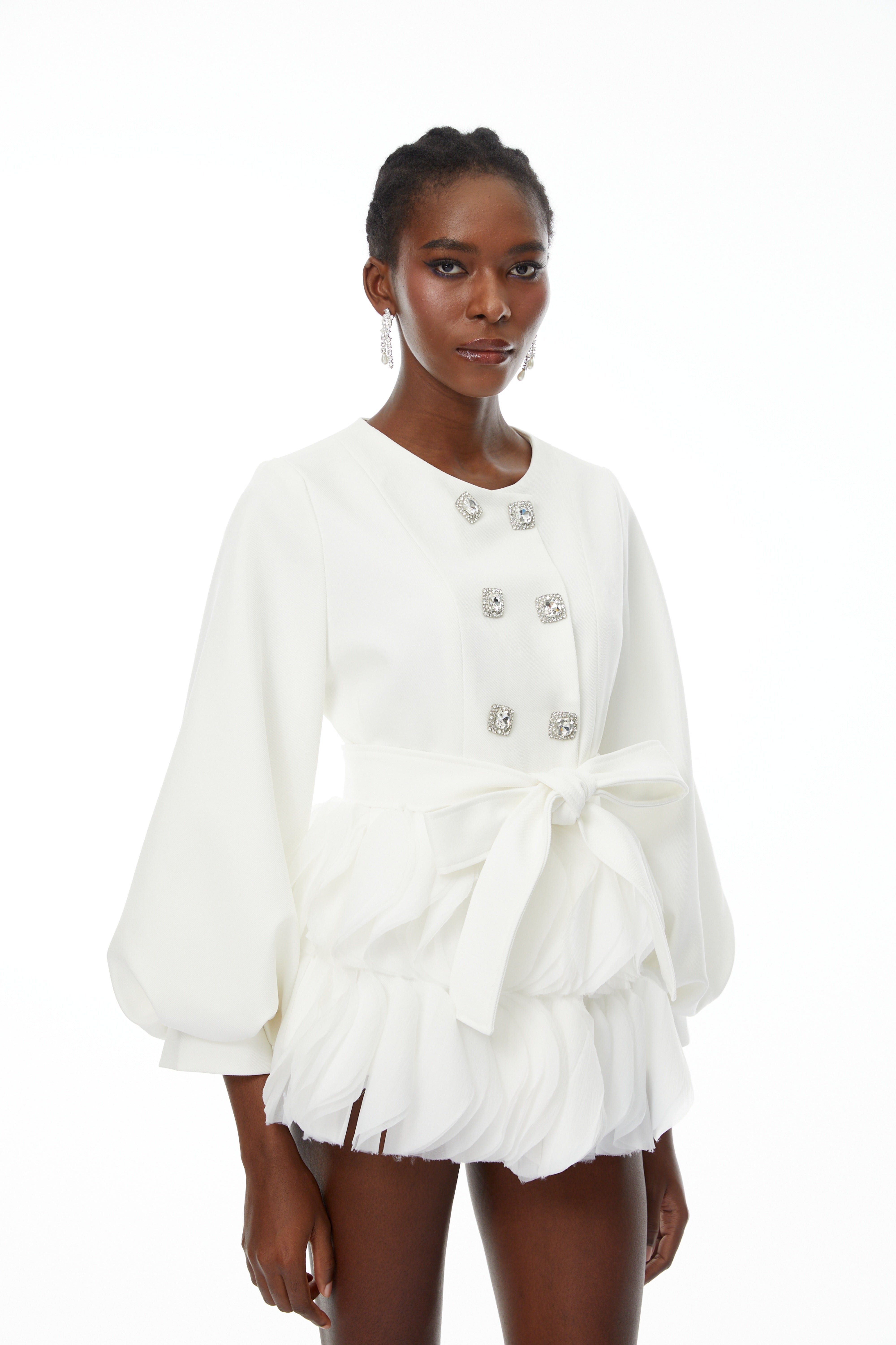 Giulia White Belted Ruffled Panel Mini Dress