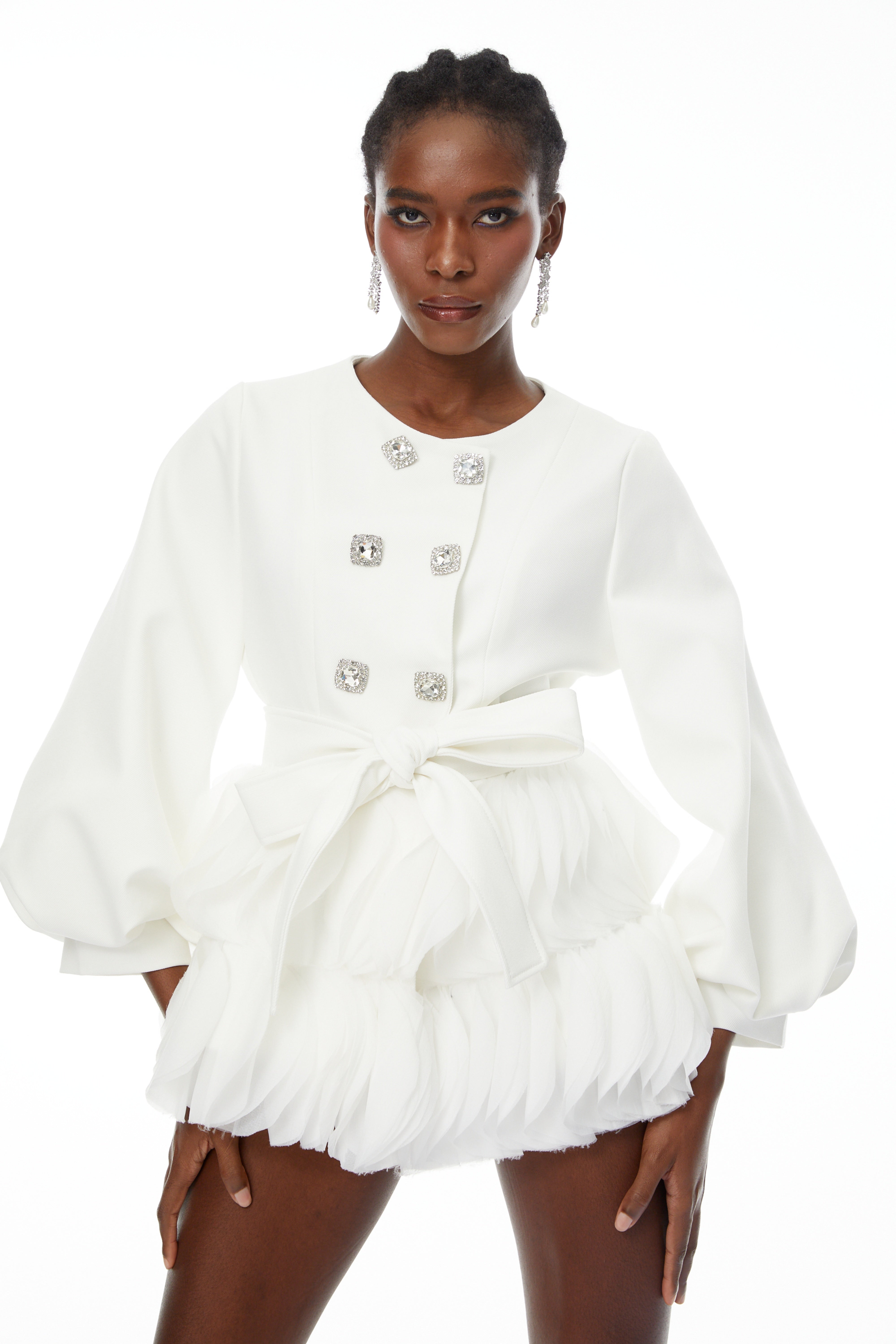 Giulia White Belted Ruffled Panel Mini Dress