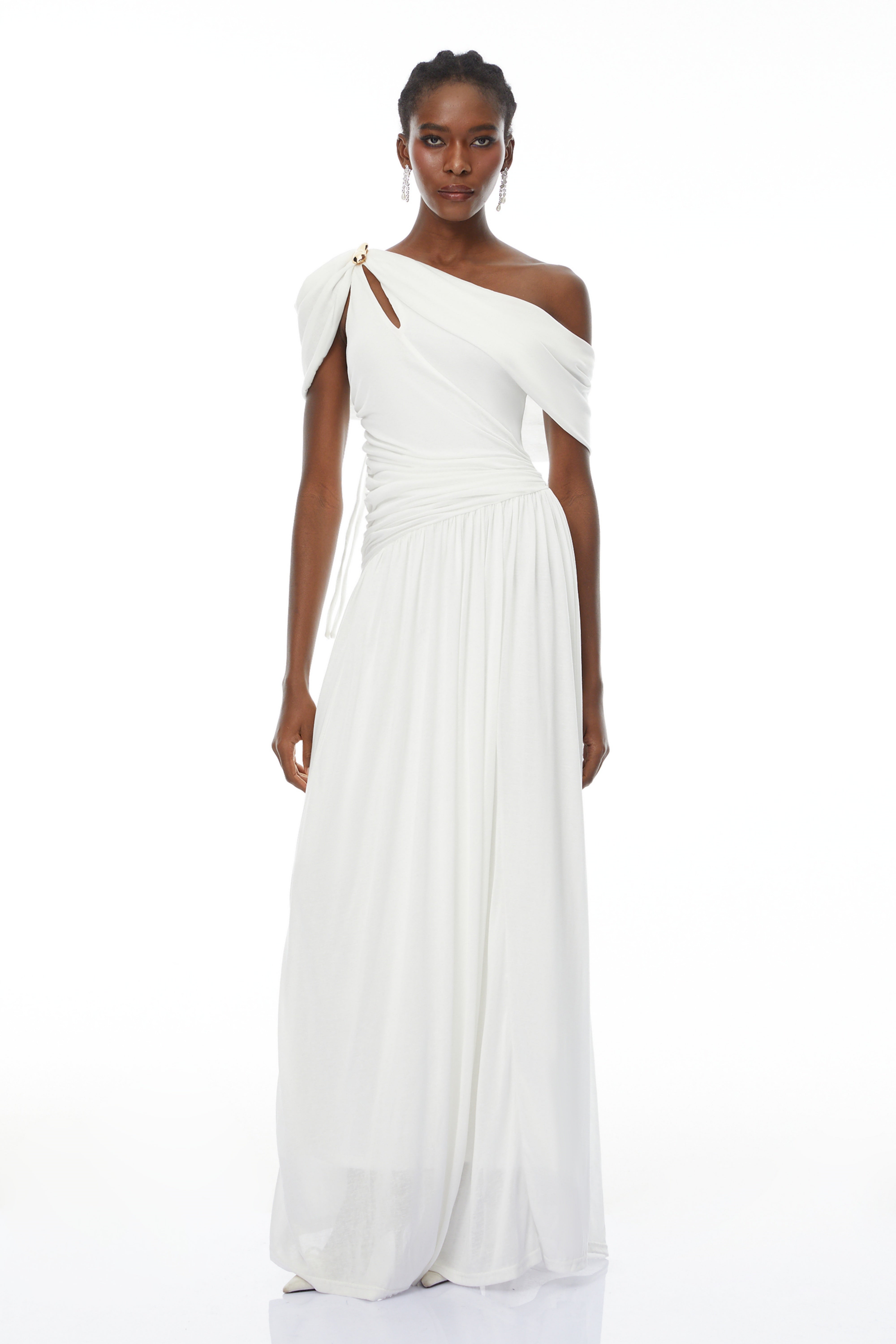 Sigrun White Asymmetrical Gathered Maxi Dress
