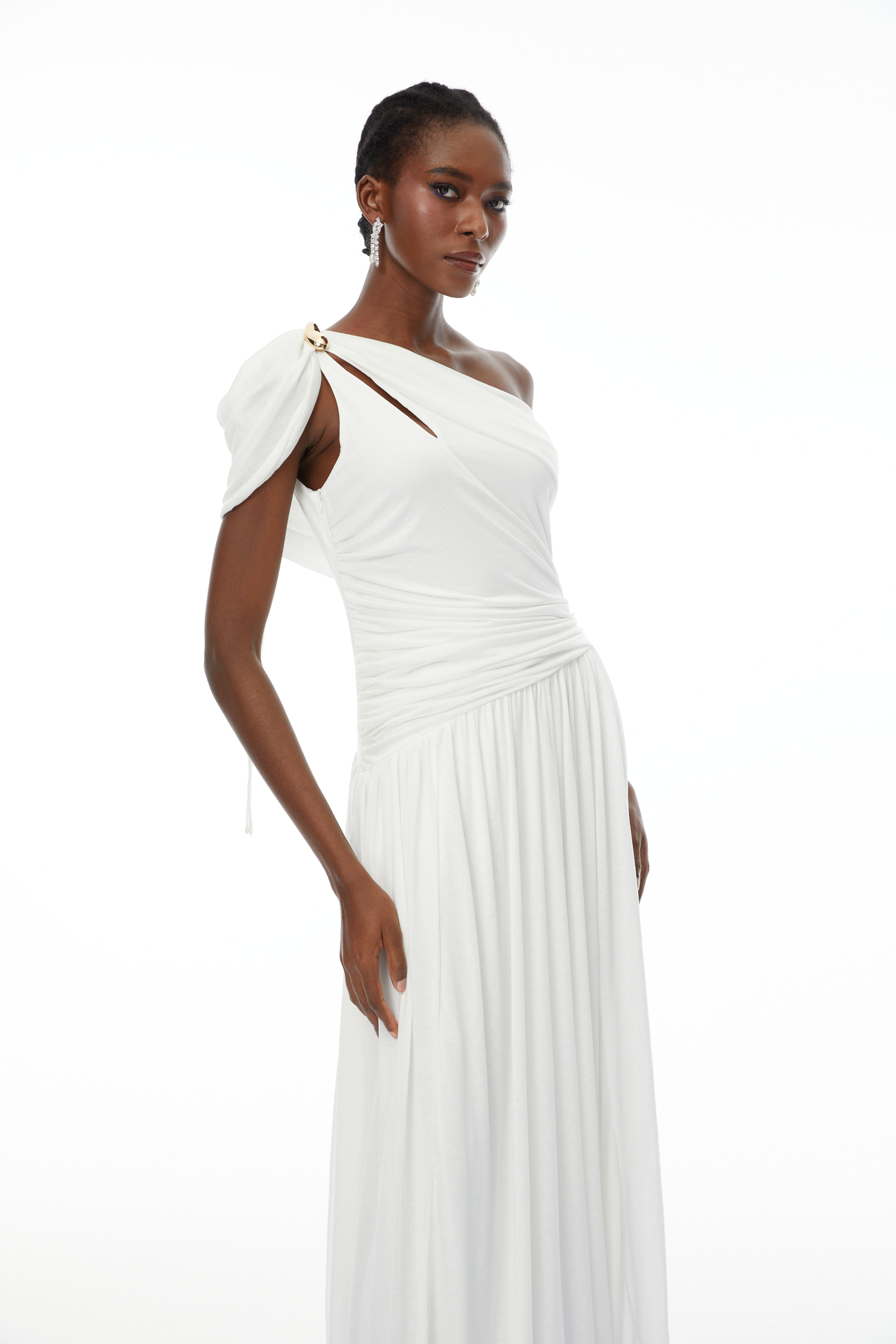 Sigrun White Asymmetrical Gathered Maxi Dress