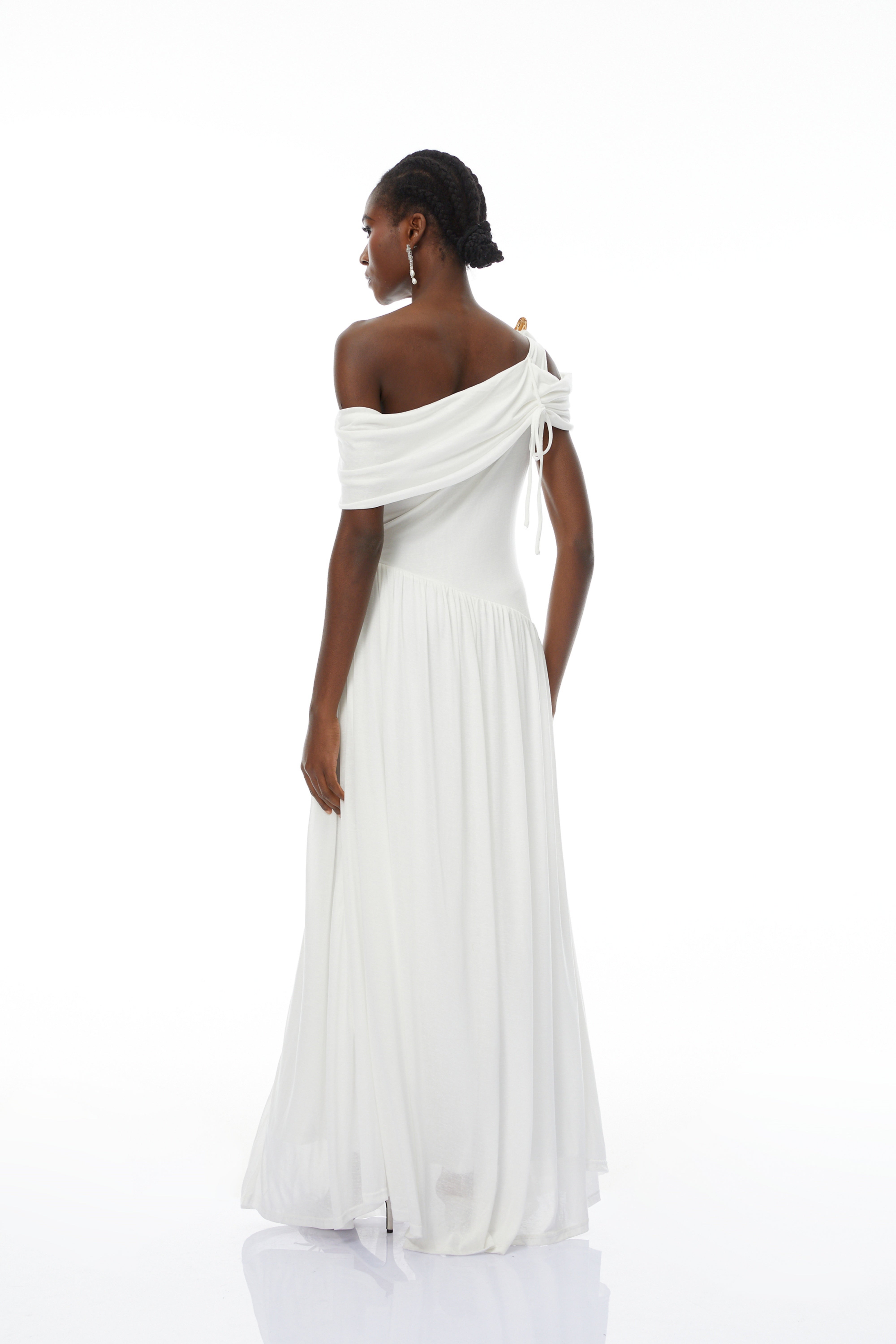 Sigrun White Asymmetrical Gathered Maxi Dress