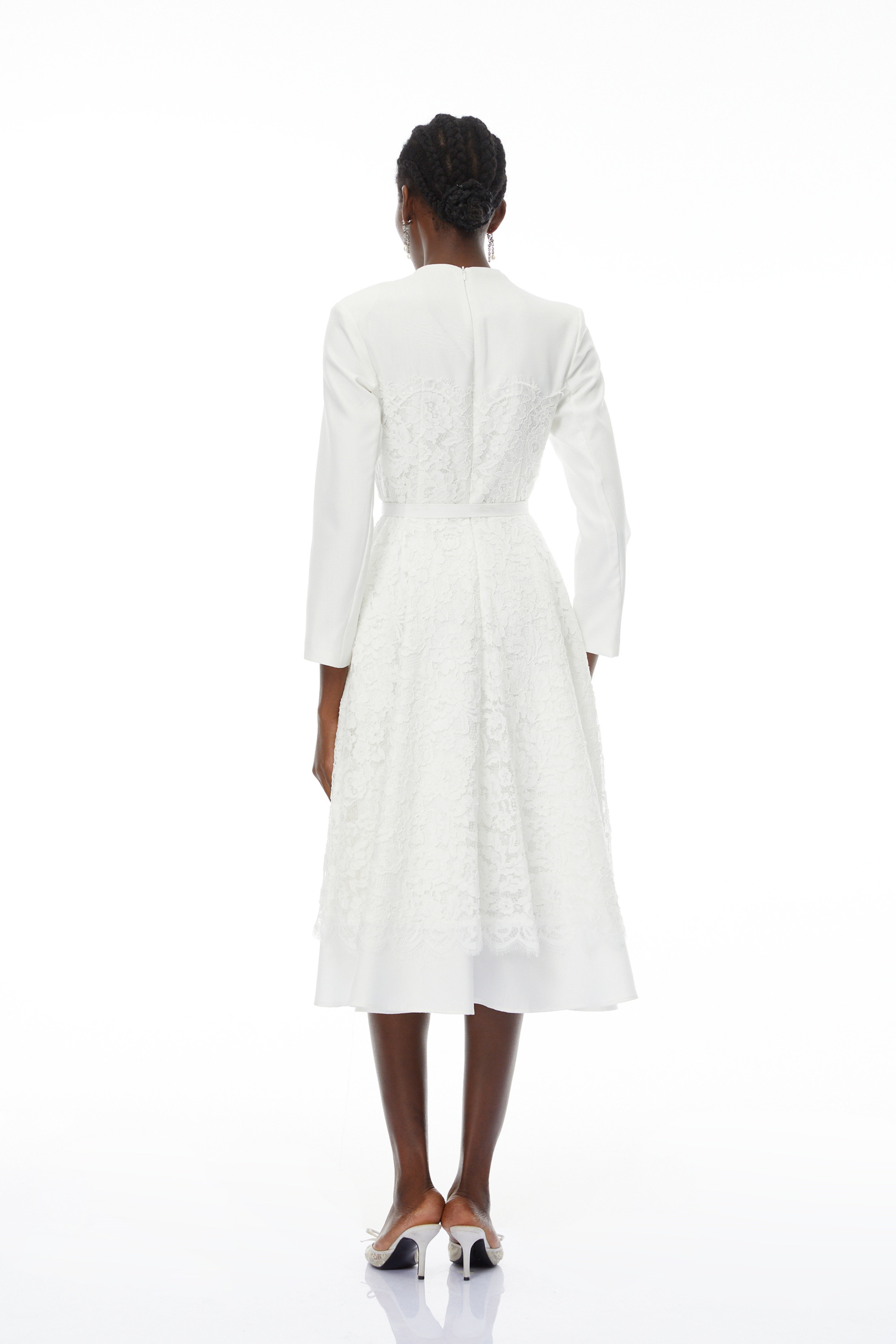 Giuseppin White V-Neck Lace Panel Midi Dress