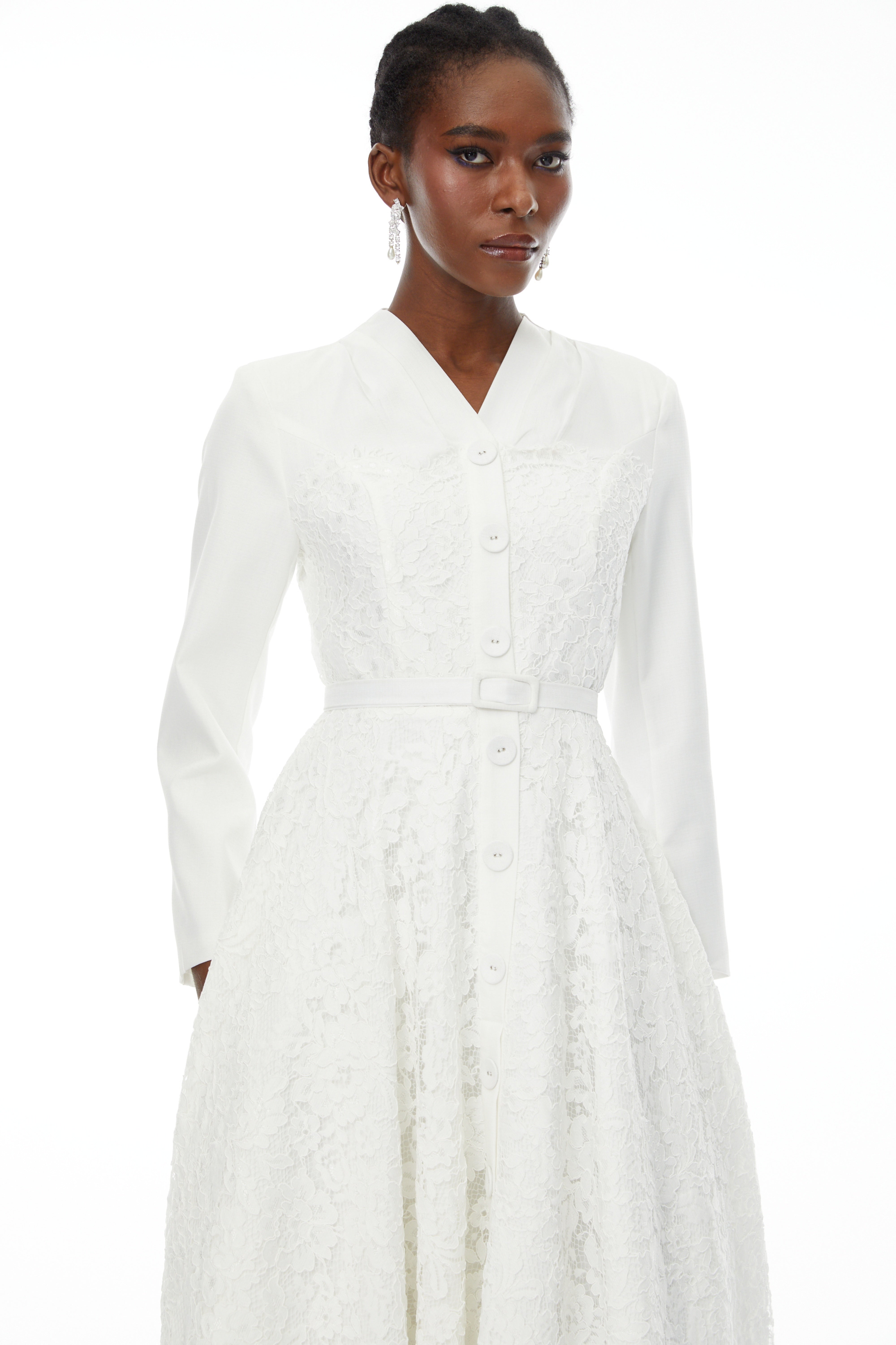 Giuseppin White V-Neck Lace Panel Midi Dress