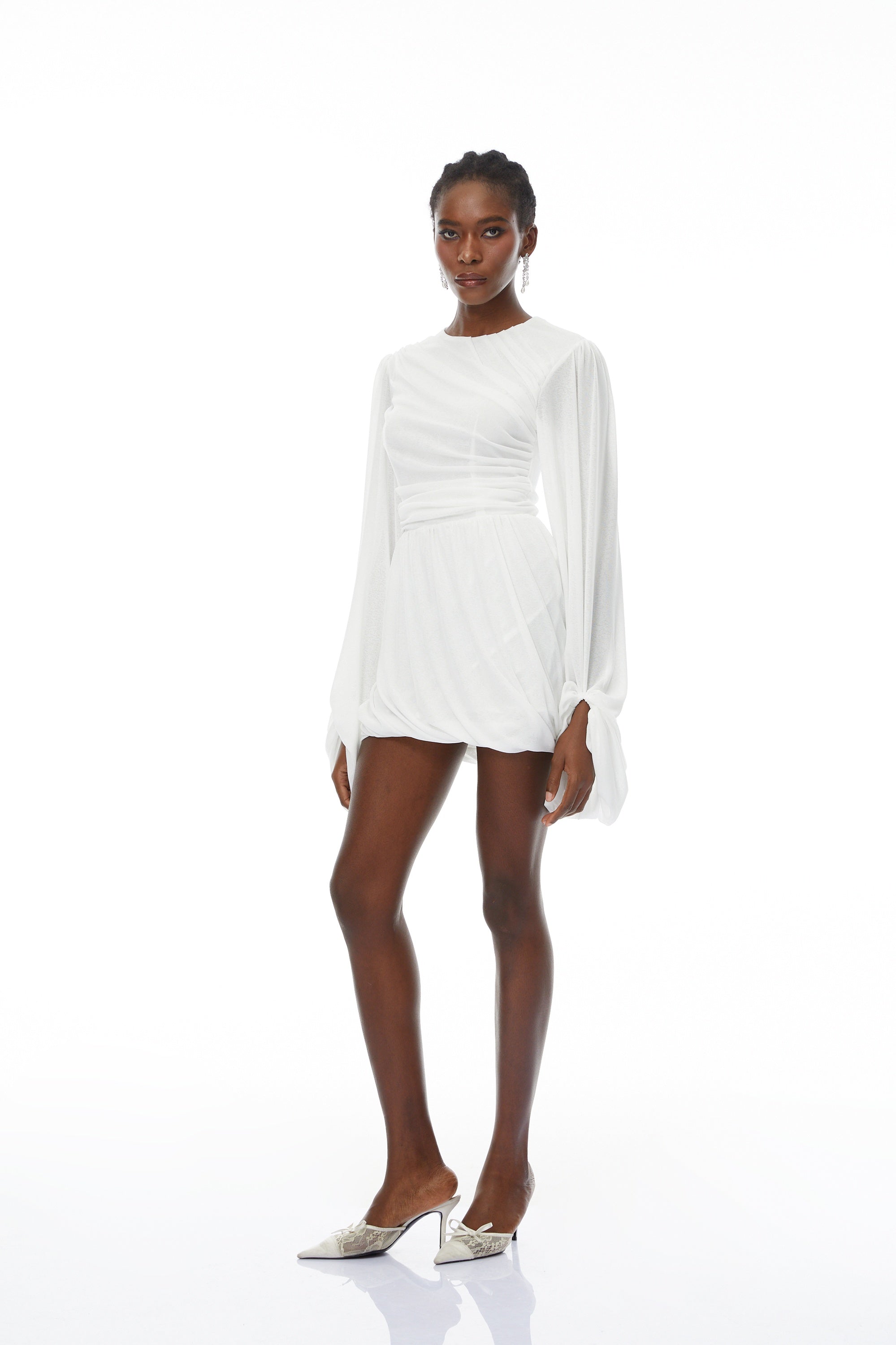 Thiago White Ruched Bubble Hem Mini Dress