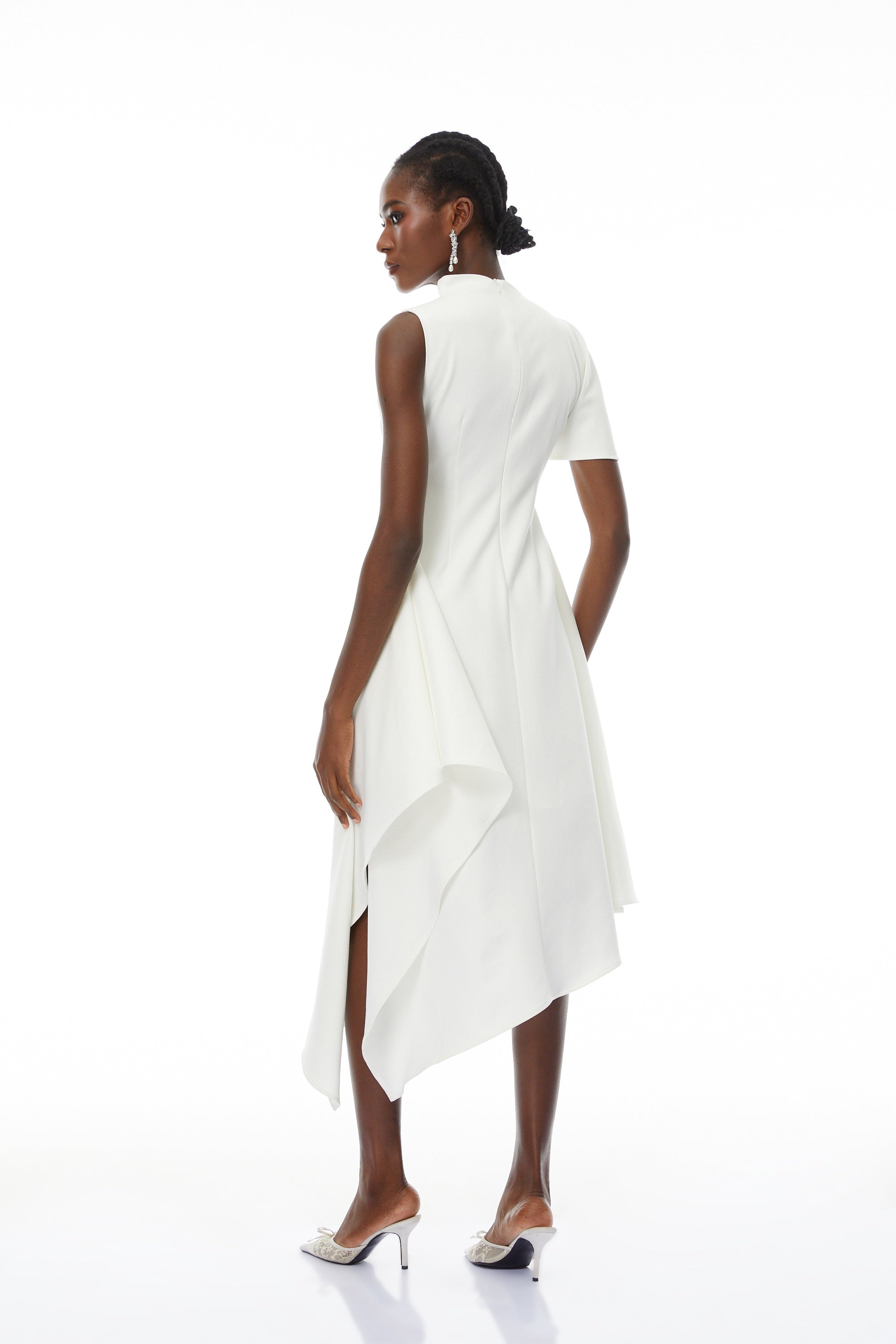 Liana White Asymmetrical Flared Midi Dress