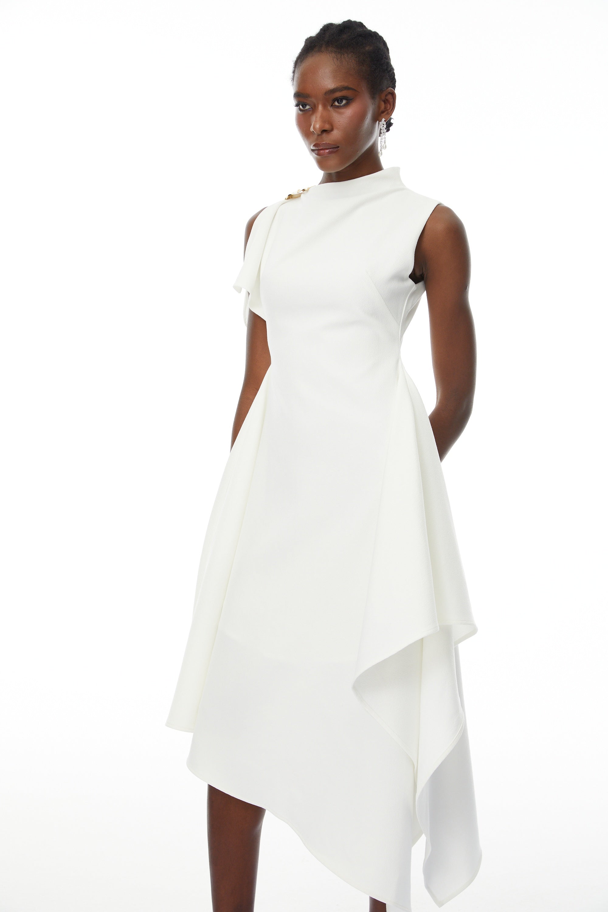 Liana White Asymmetrical Flared Midi Dress
