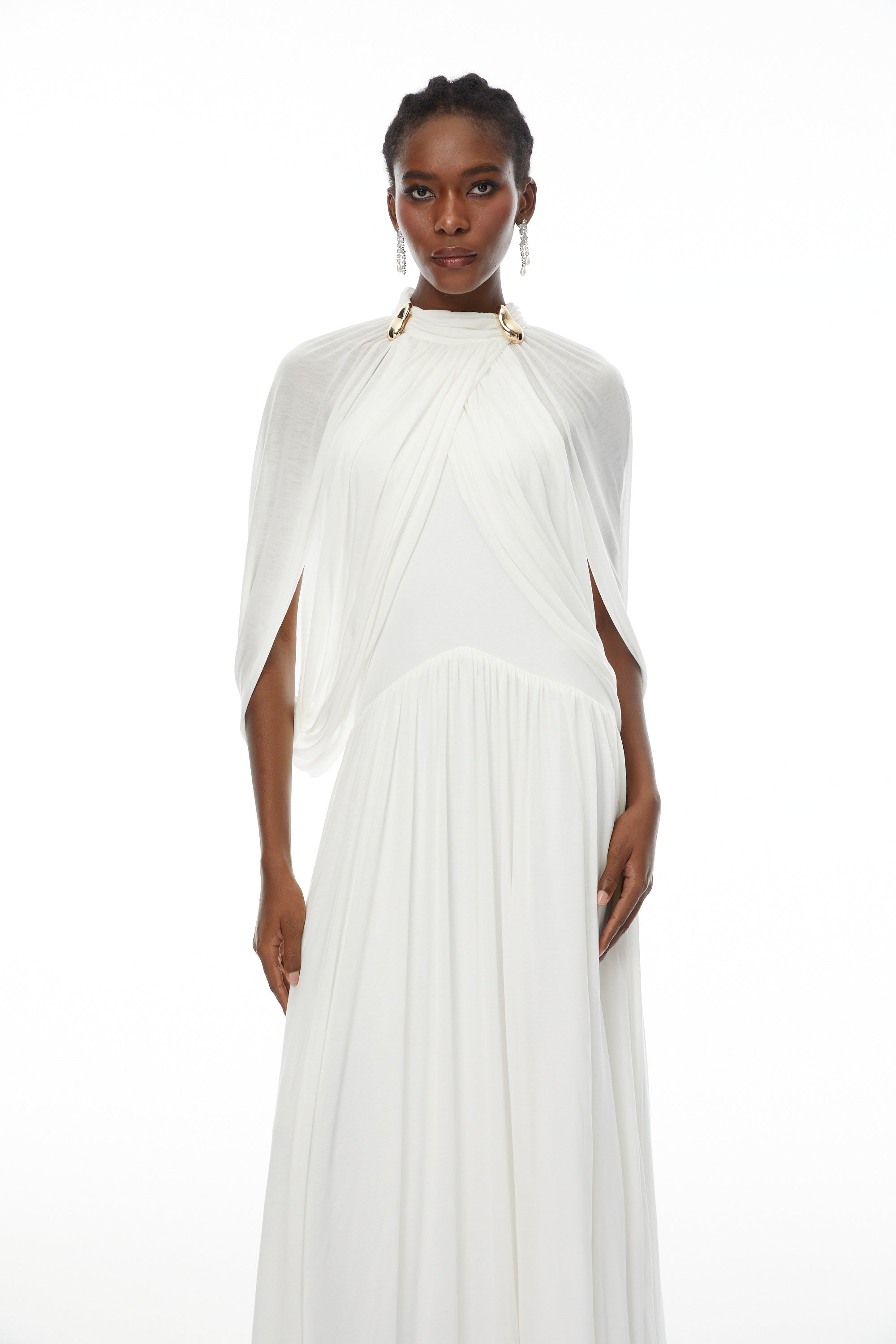 Bergljot White Cape Design Mesh Maxi Dress