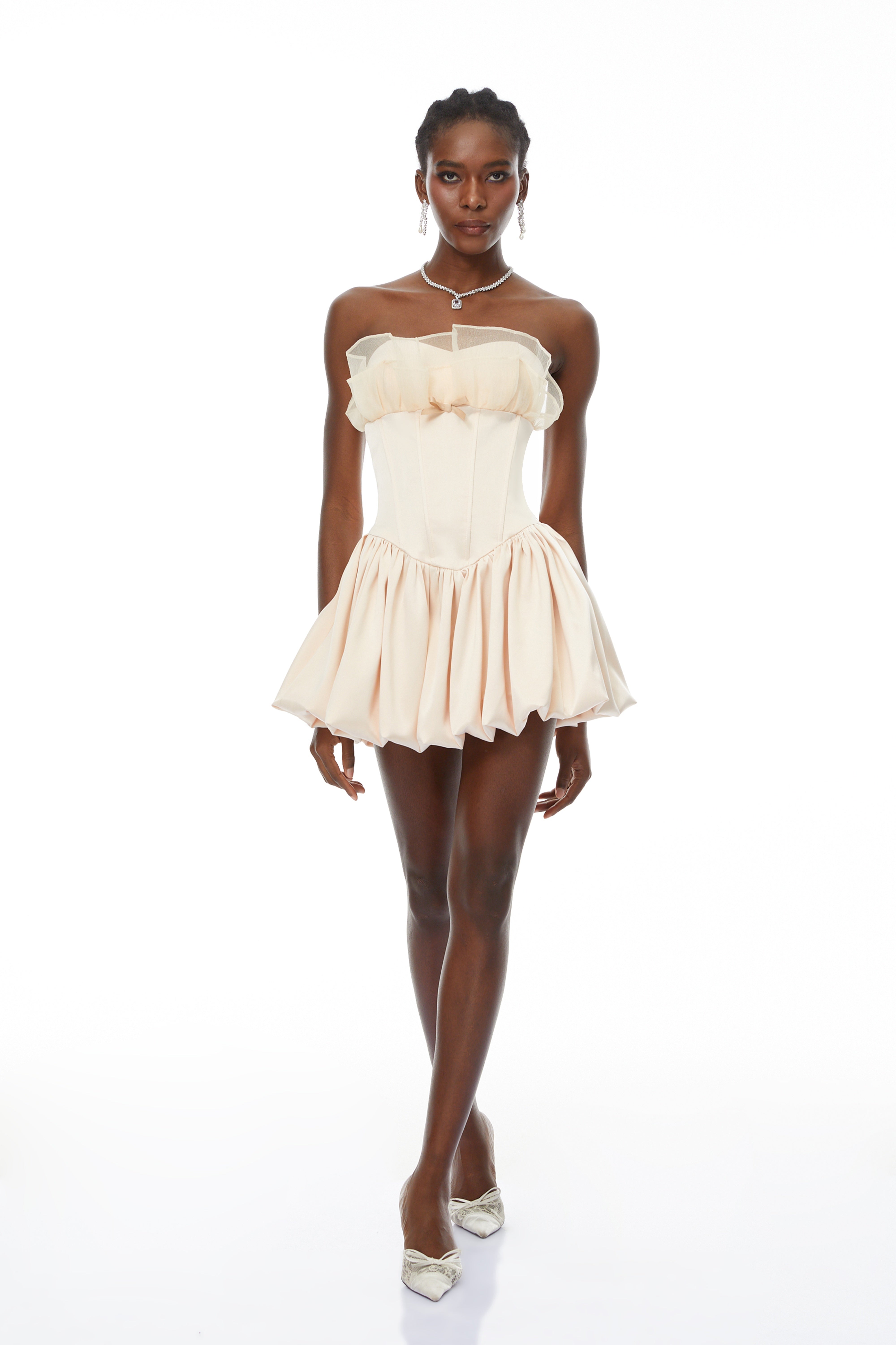 Eira Neutral Strapless Bubble Hem Mini Dress