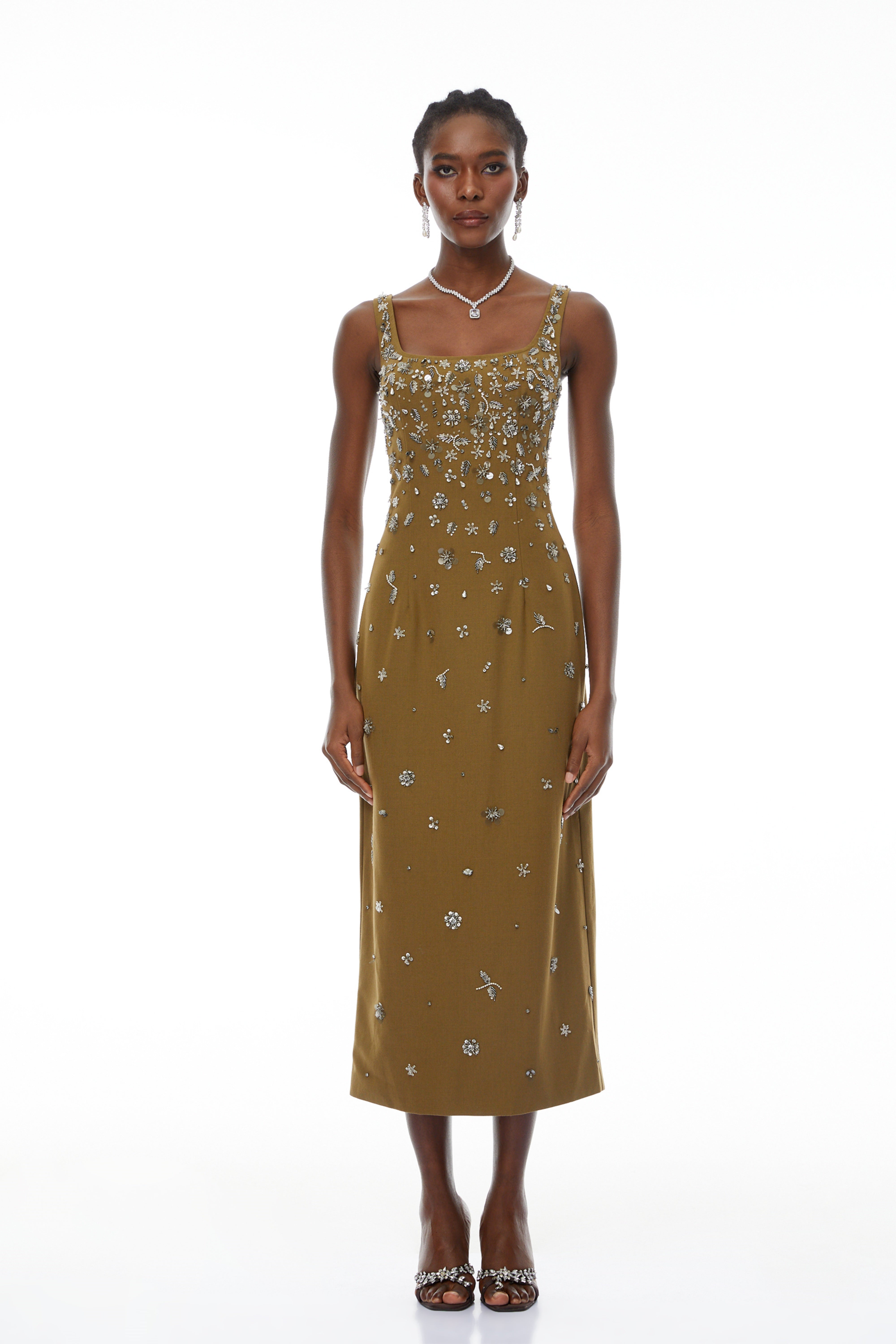 Ilina Olive Fully Embellished Midi Dress