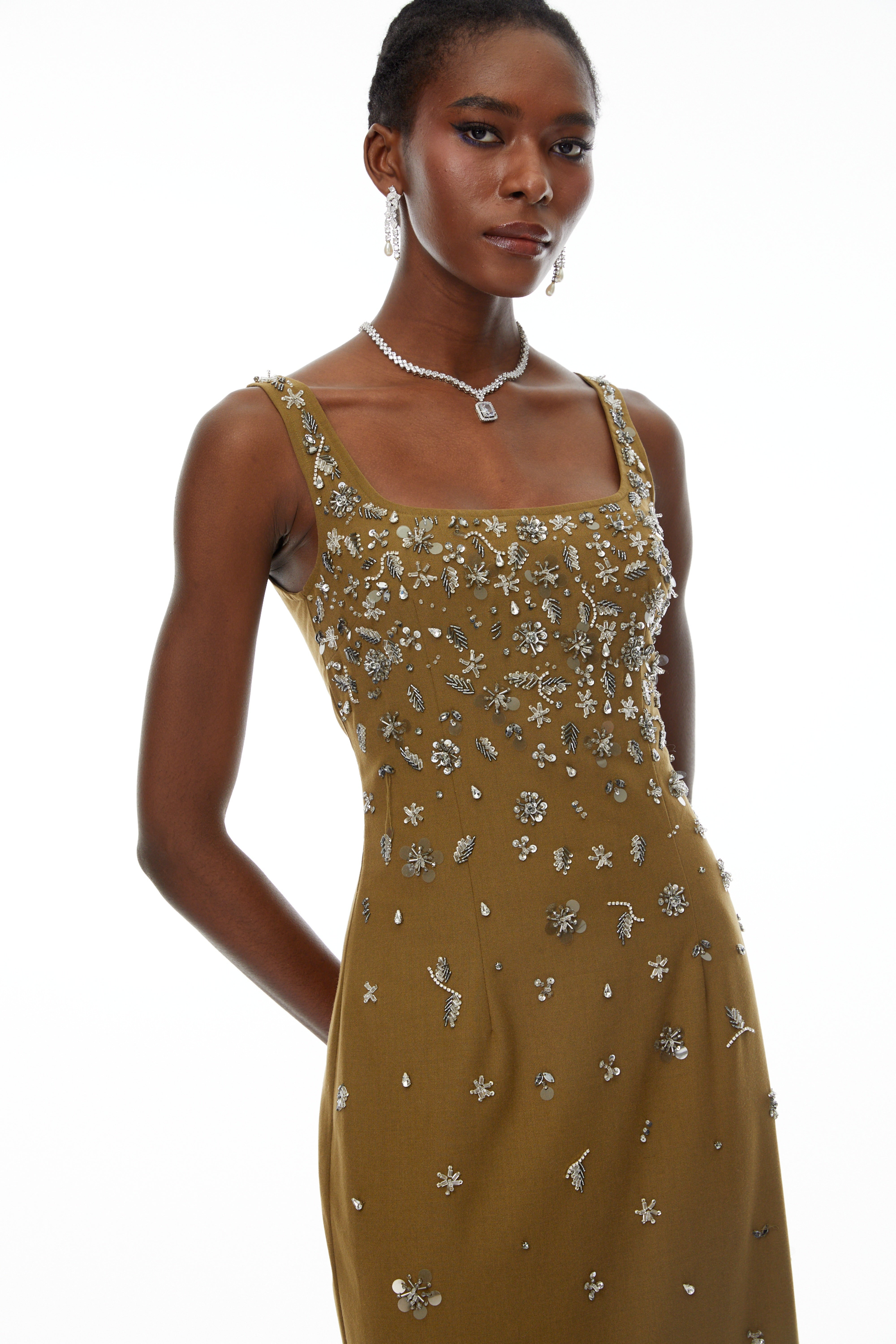 Ilina Olive Fully Embellished Midi Dress