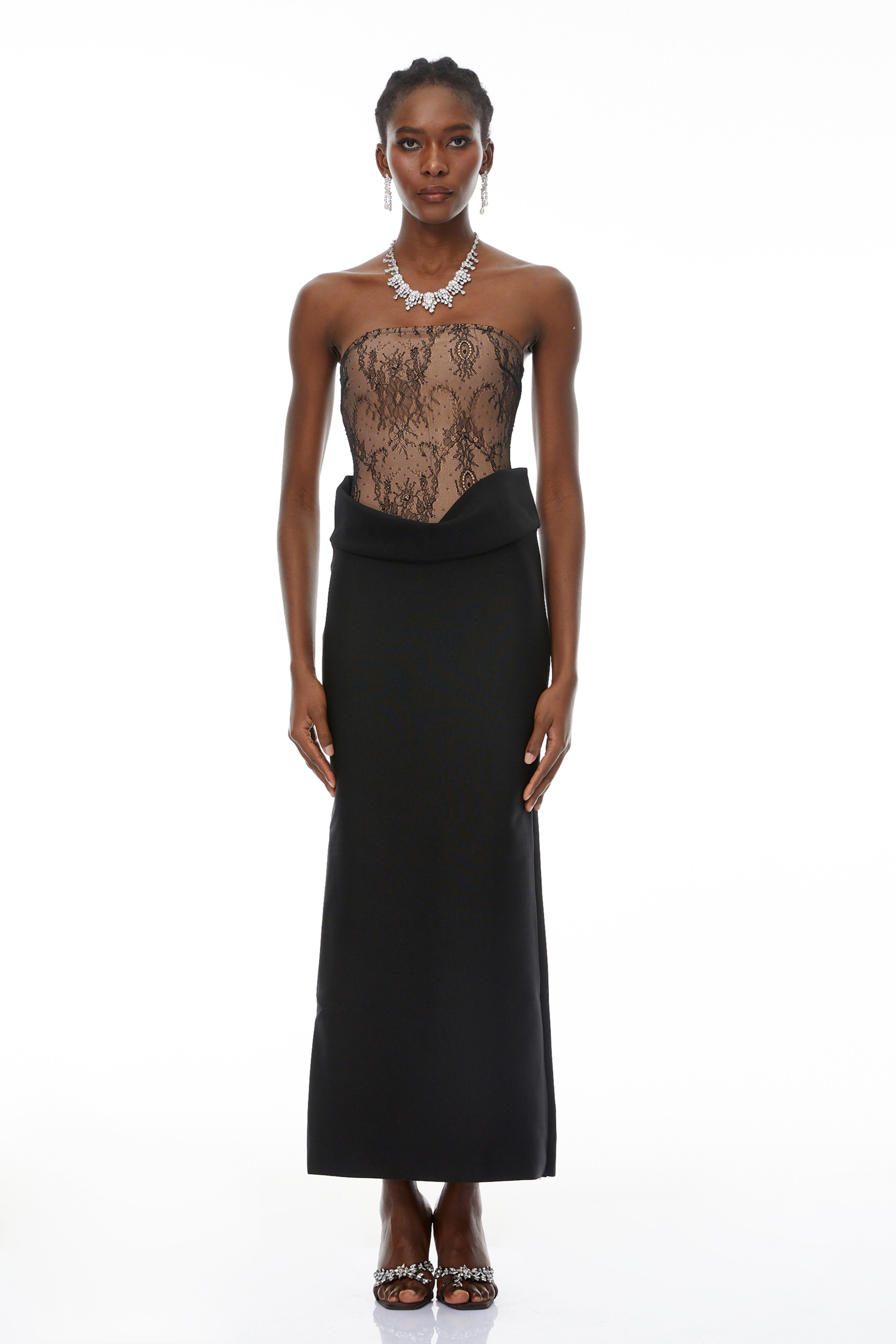 Leire Black Lace Panel Ruched Maxi Dress